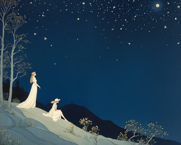 Ethereal Figures in White Dresses Under Starry Sky