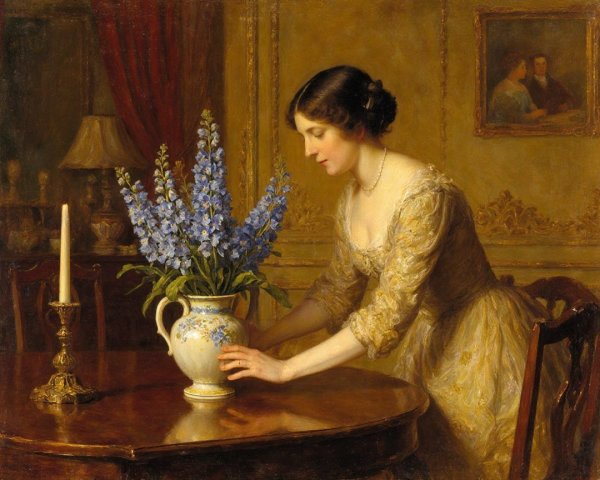 Serene interior scene with woman and blue delphiniums