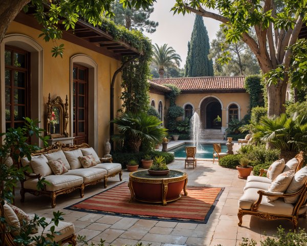 Luxurious Outdoor Patio with Elegant Furniture and Fountain