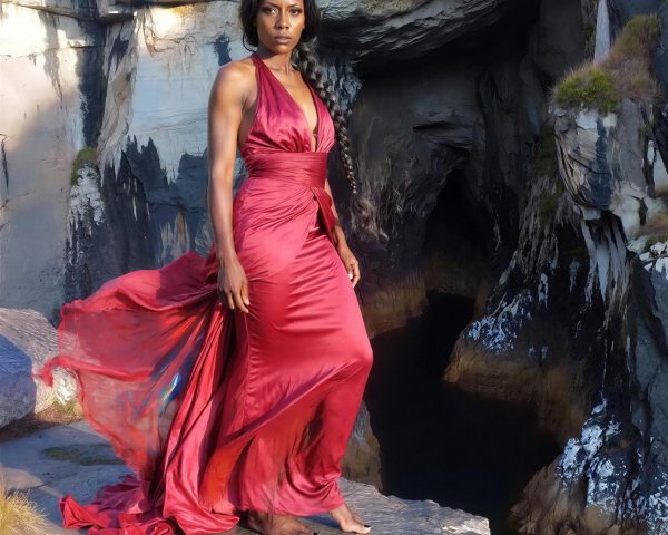 Dark-skinned woman in red dress by cave opening