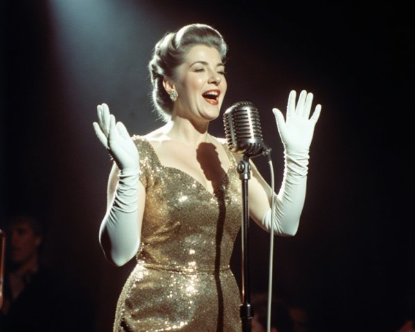 Glamorous Singer in Gold Gown Performs on Stage