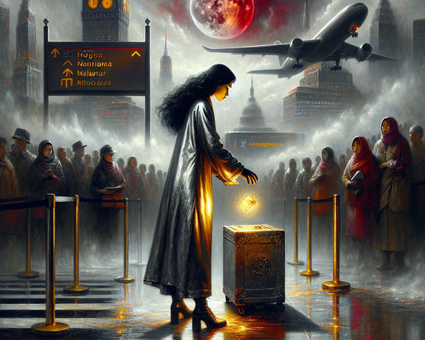 Dystopian Cityscape with Glowing Box and Crimson Moon