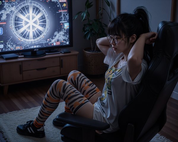 Young Woman in Gaming Chair with Colorful TV Screen