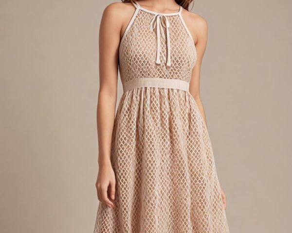 Cream-Colored Lattice Design Dress Description
