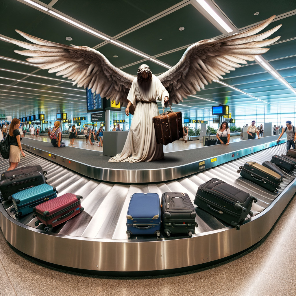 Majestic Figure with Wings at Busy Airport Baggage Claim