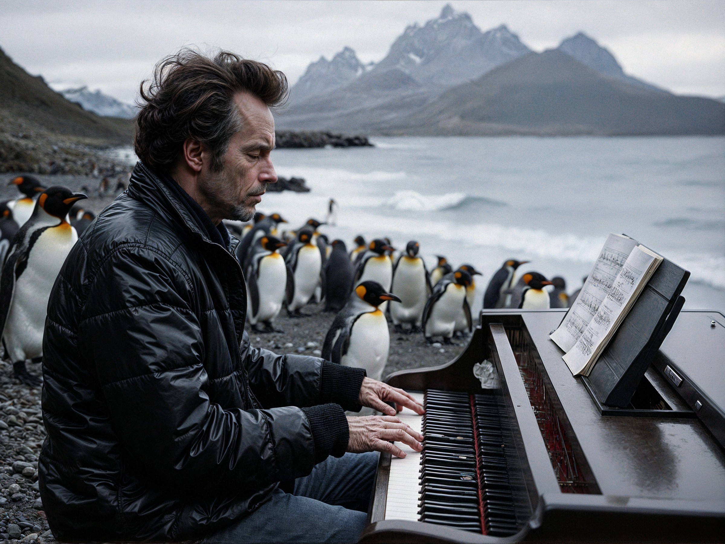 Man in Black Jacket Plays Piano on Rocky Beach