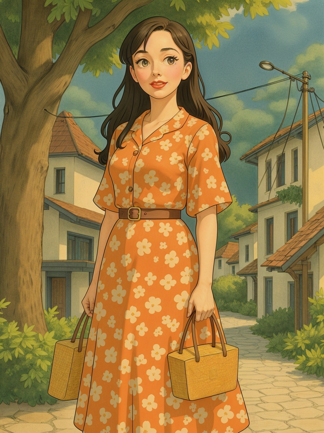 Young woman in vintage floral dress on charming street