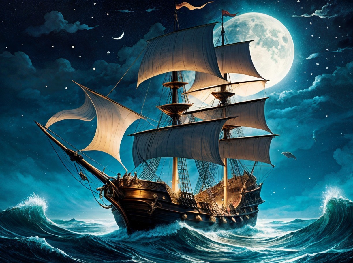 Majestic sailing ship on turbulent ocean under moonlight