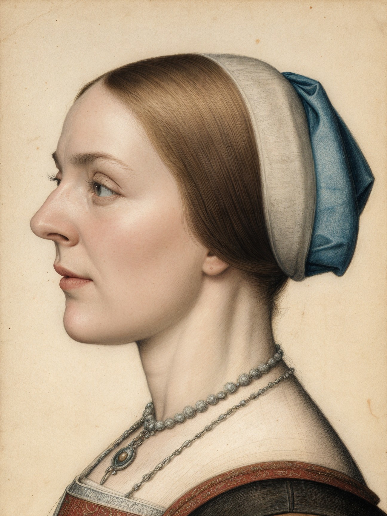 Profile of a Woman in Historical Attire and Accessories