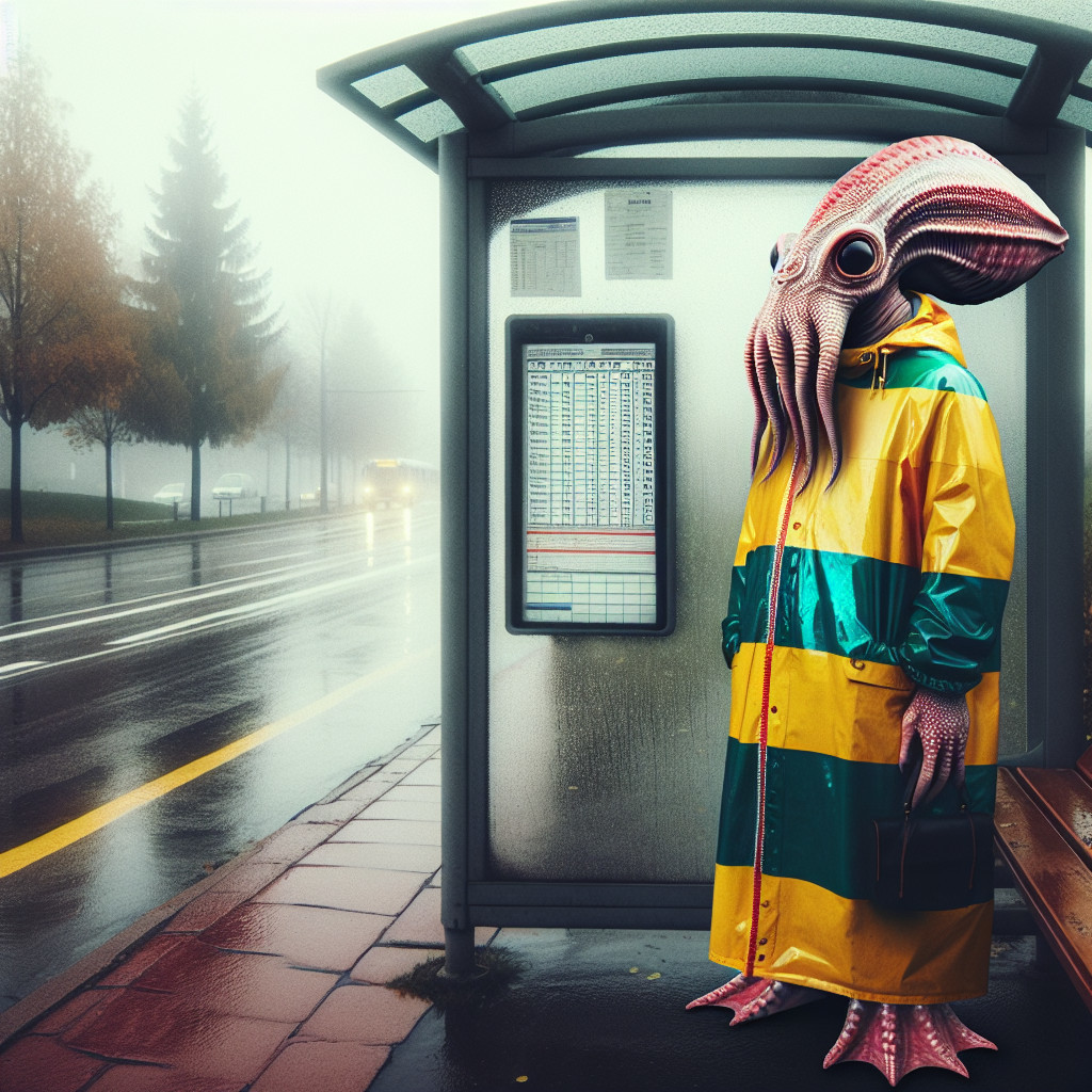 Surreal Cephalopod in Raincoat at Bus Stop Scene
