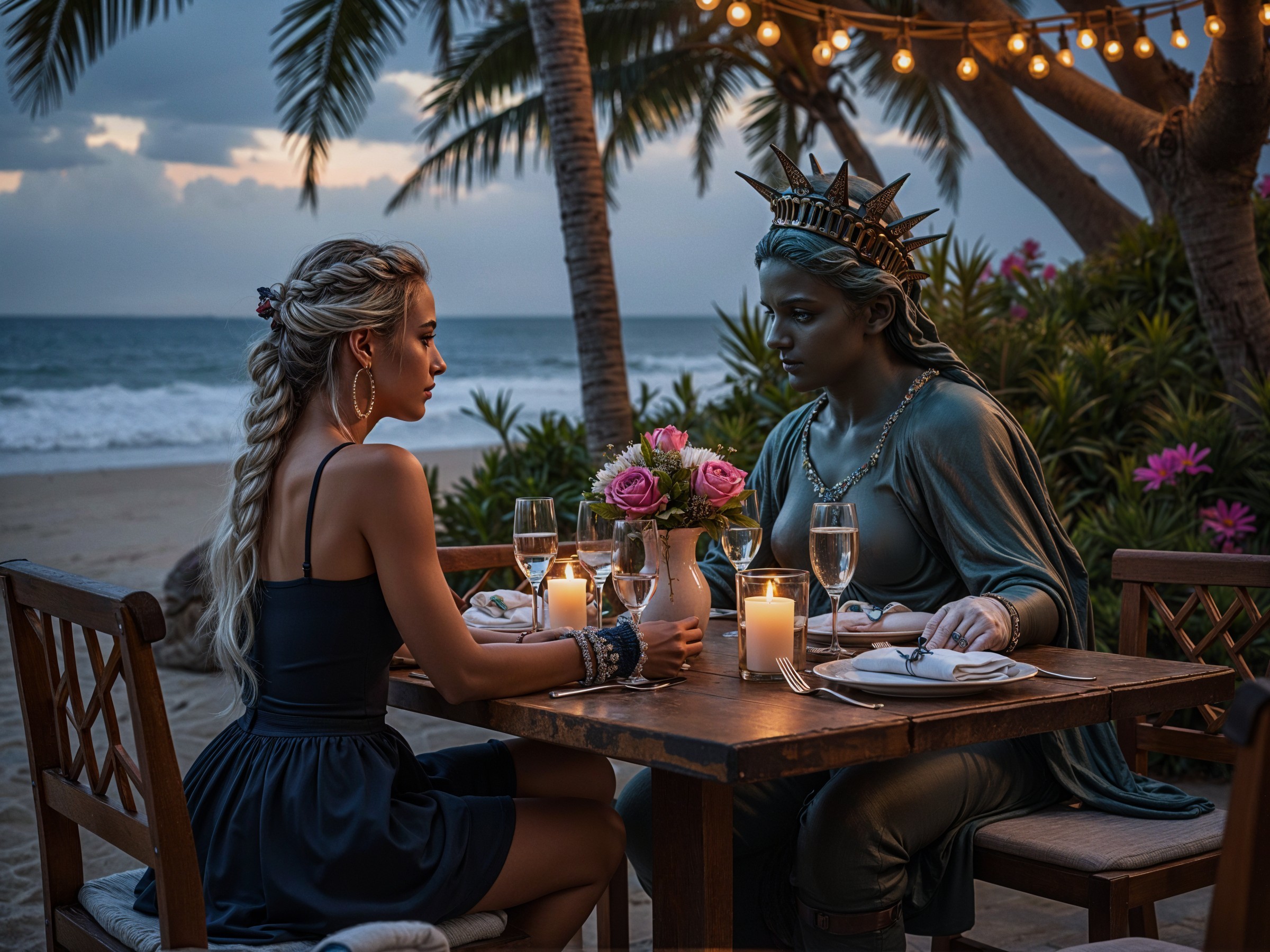 Woman in Black Dress Dining by Beach with Statue