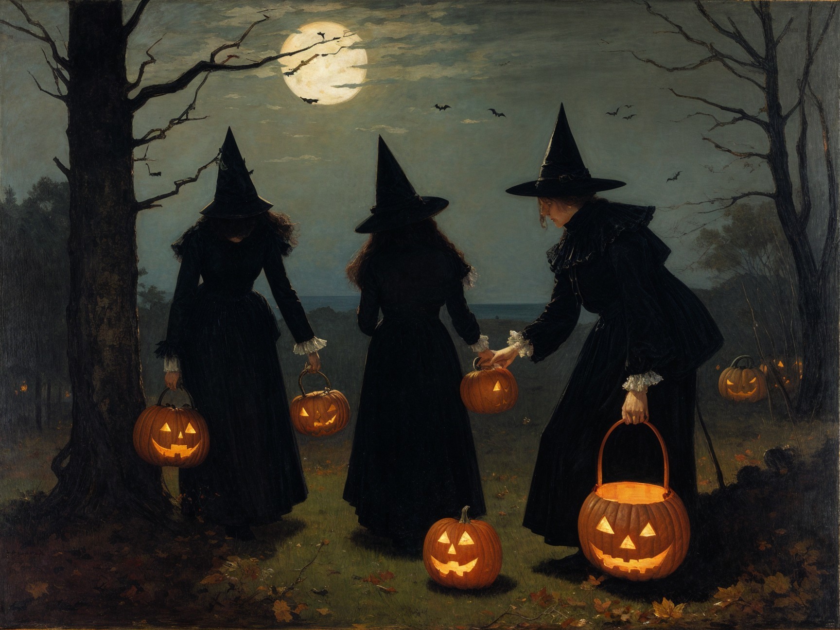 Figures in Black Dresses with Pumpkins in Moonlight