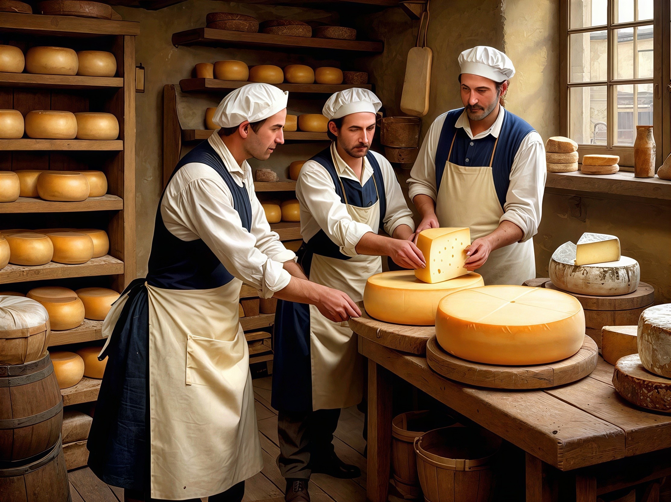 Three Male Cheesemakers in Rustic Aging Room