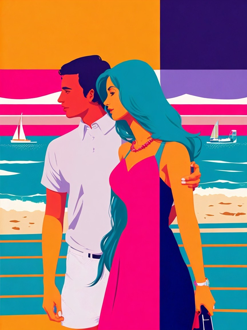 Stylized Couple by Beach with Vibrant Colors