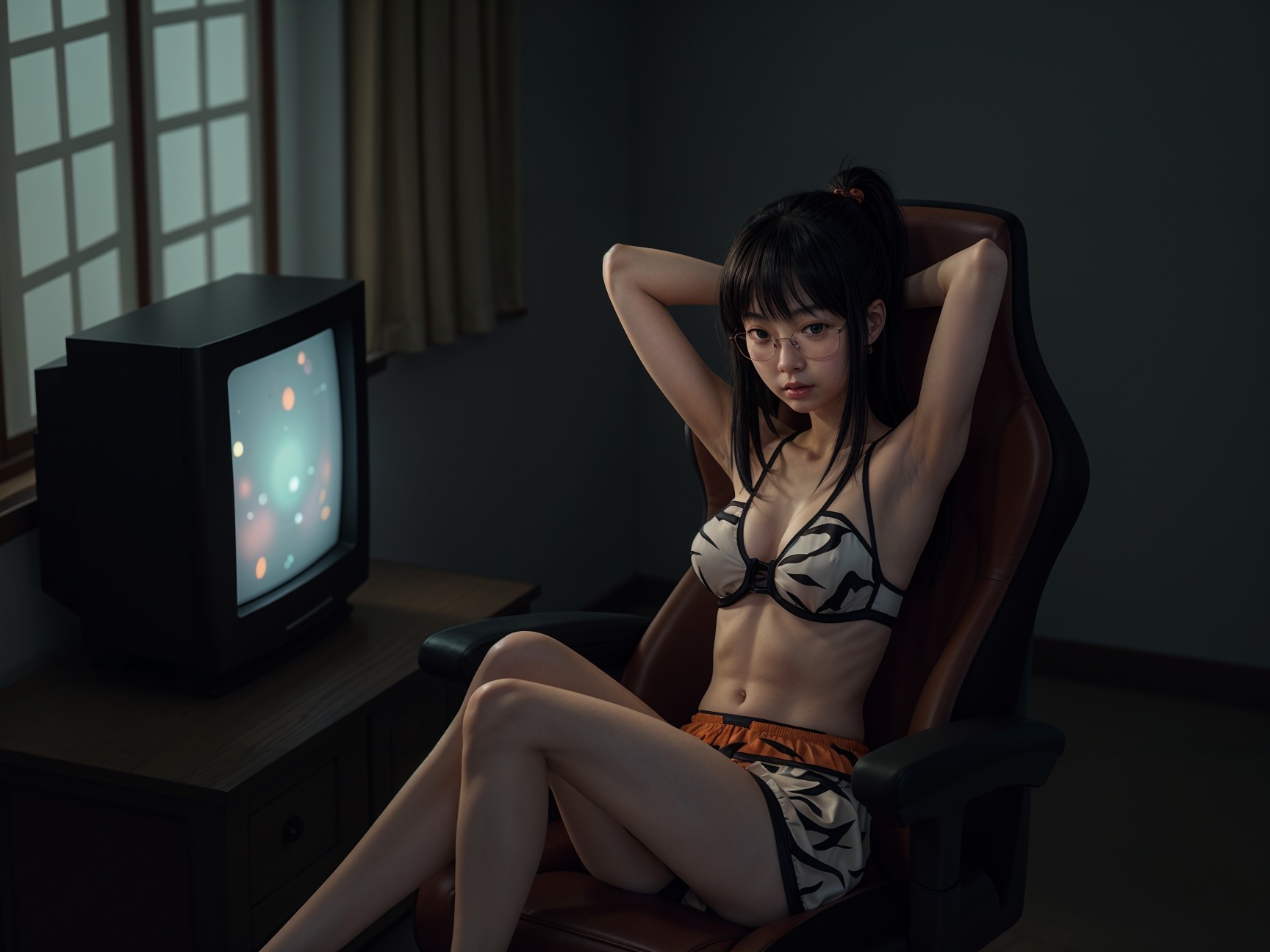 Young Woman in Stylish Gaming Chair with Vintage TV