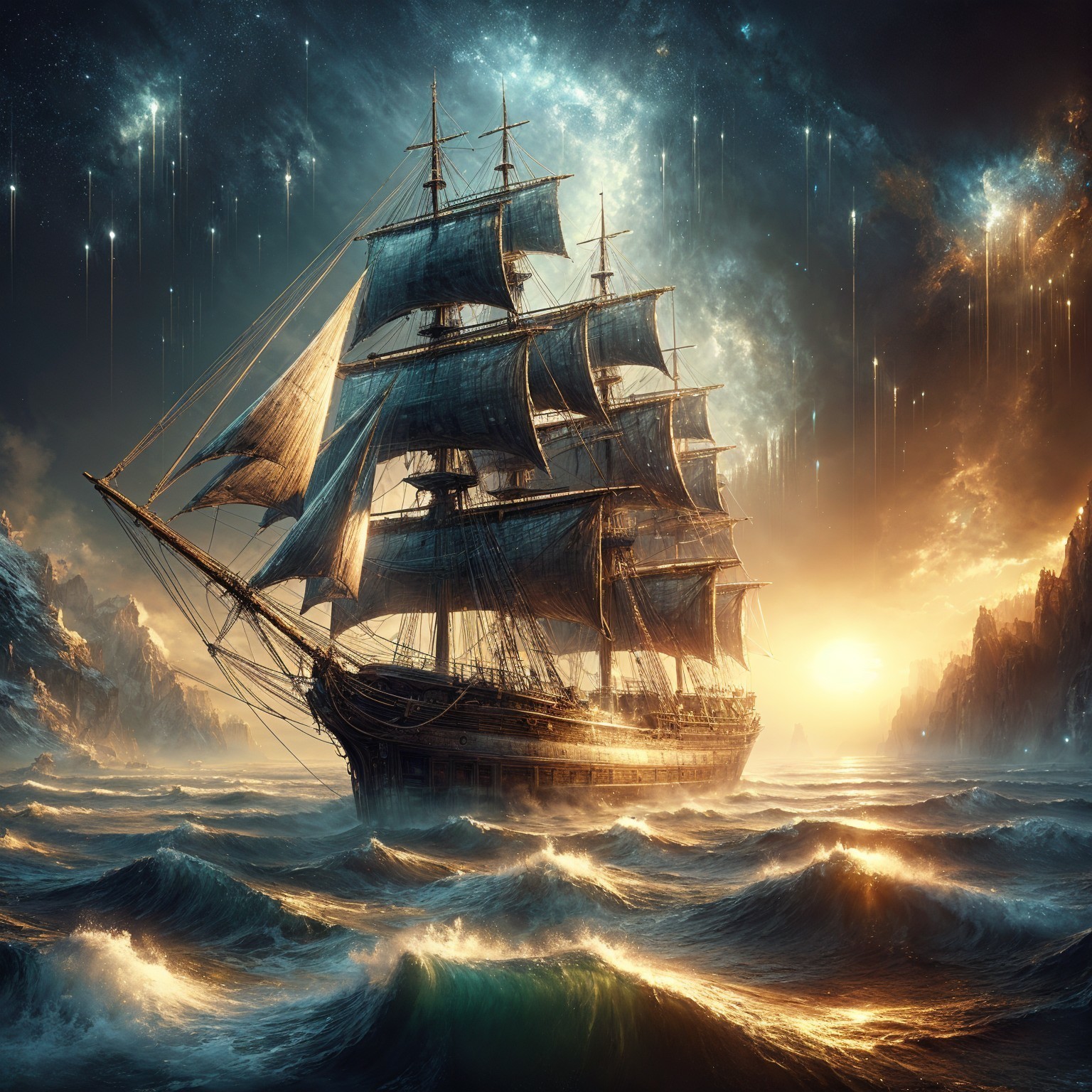 Tall Ship Sailing Through Turbulent Sunset Waters
