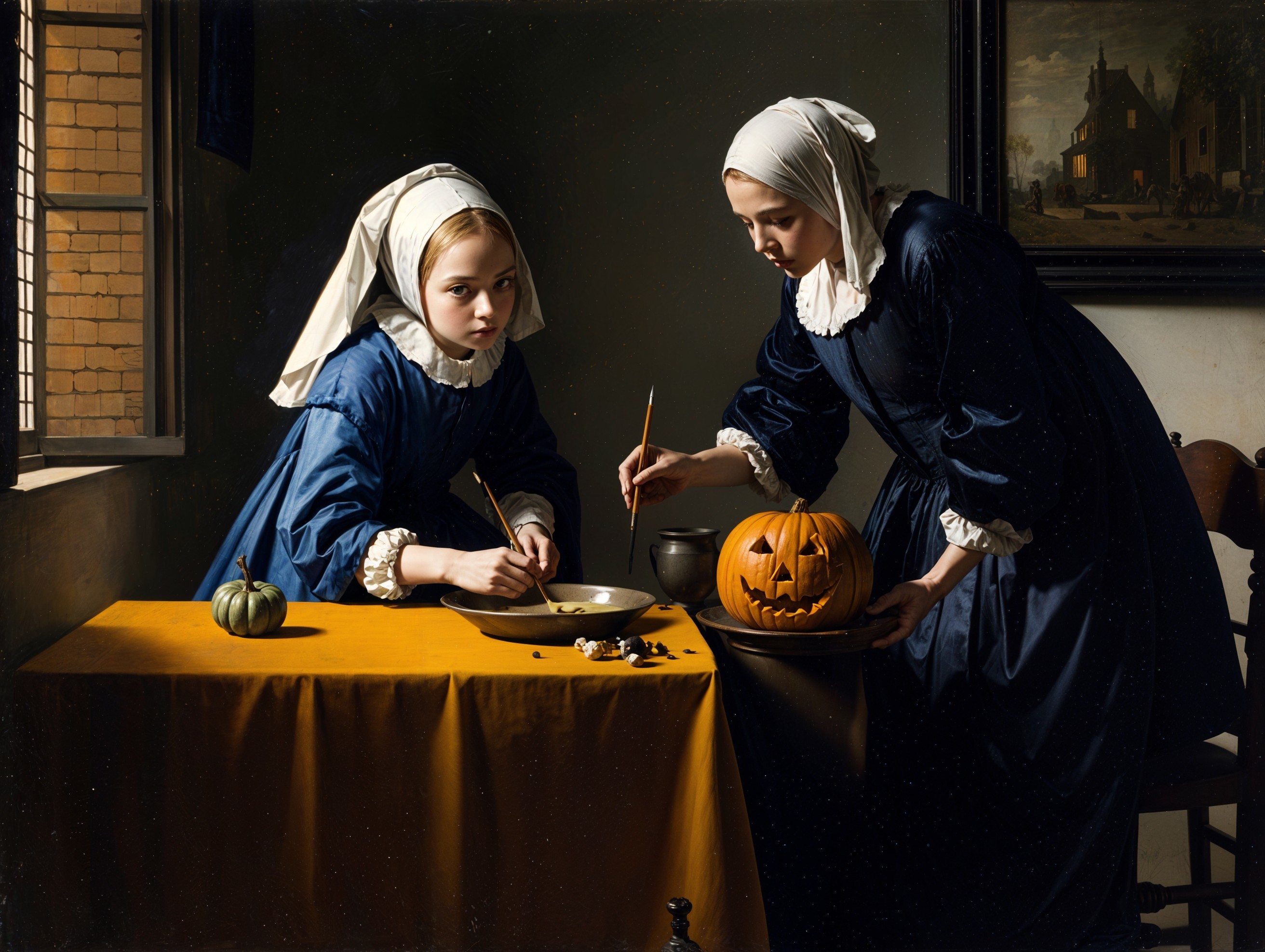 17th-Century Girls Carving Pumpkins and Cooking