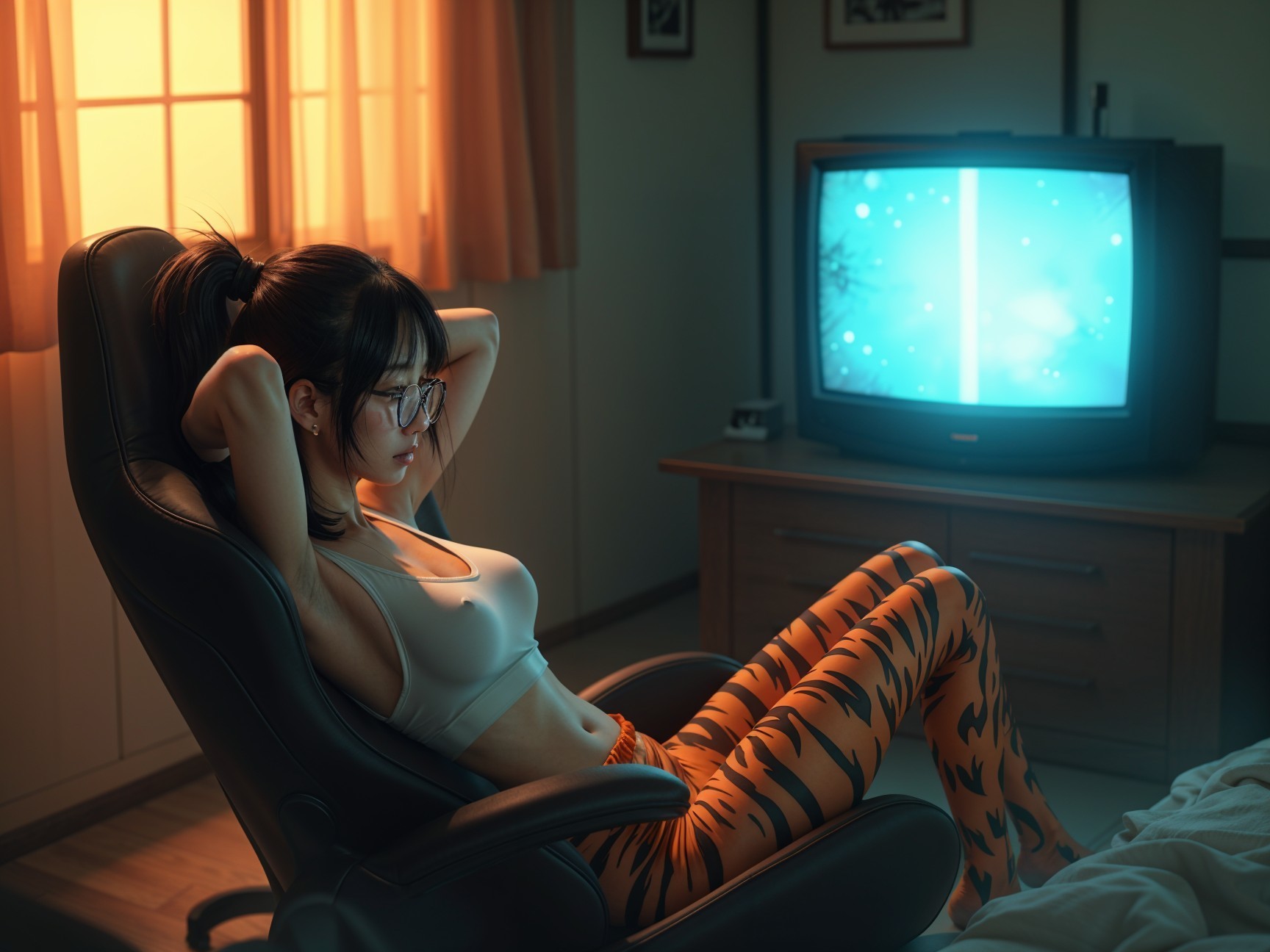 Cozy Room with Woman Relaxing in Ergonomic Chair