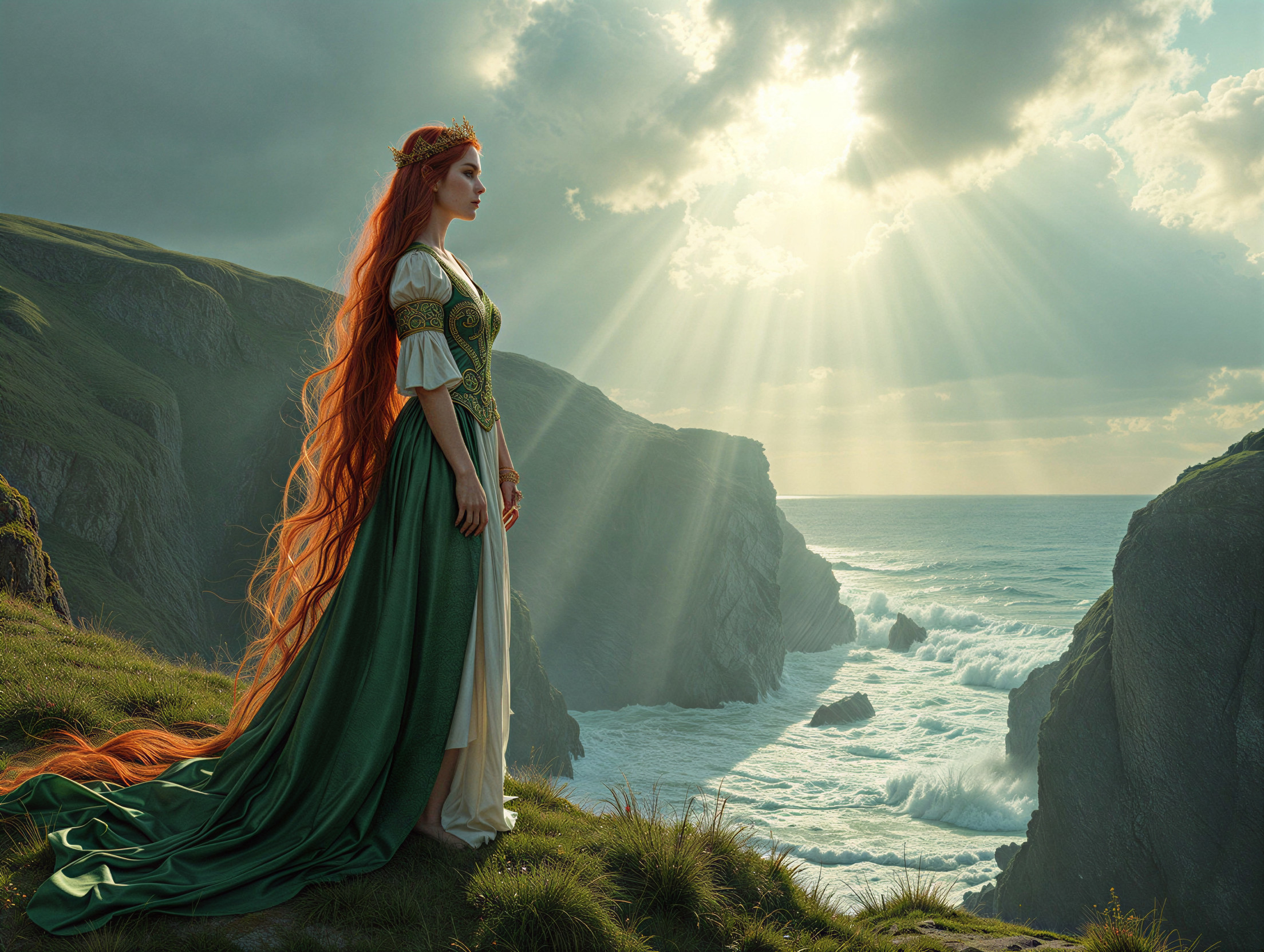 Regal figure on cliff overlooking turbulent sea
