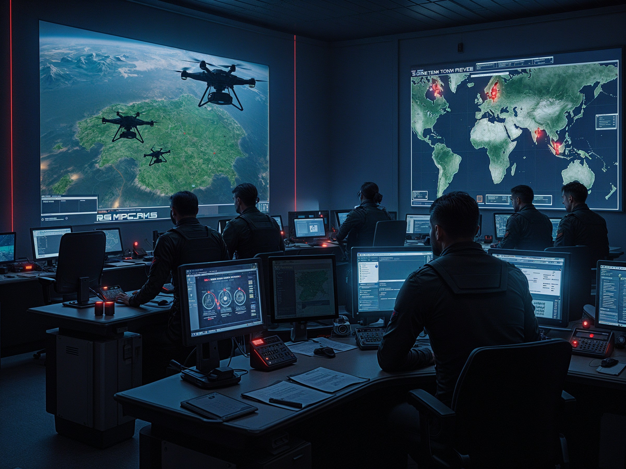 High-Tech Command Center with Aerial Surveillance Drones