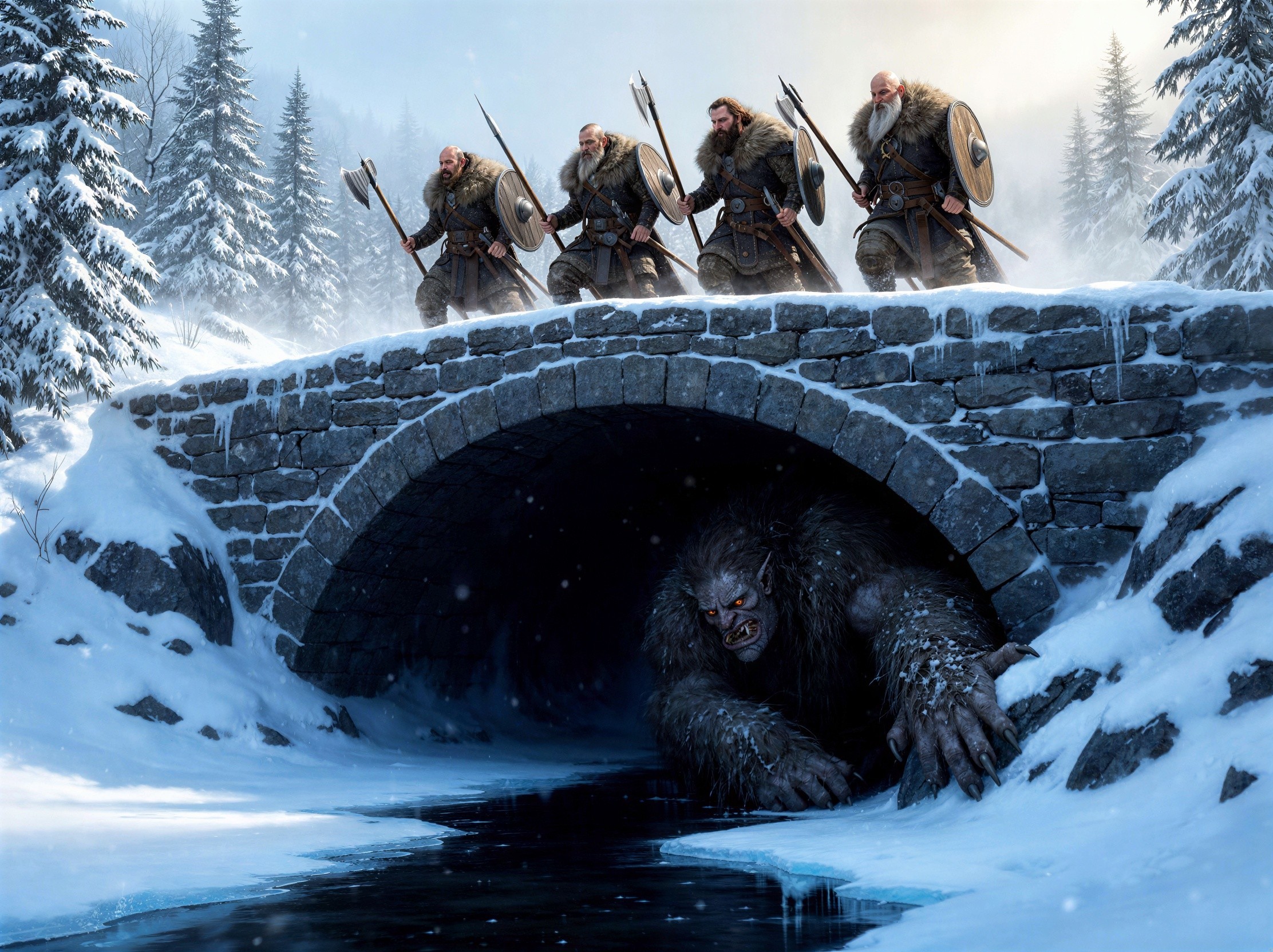 Vikings Crossing a Snowy Bridge with Monstrous Beast Below
