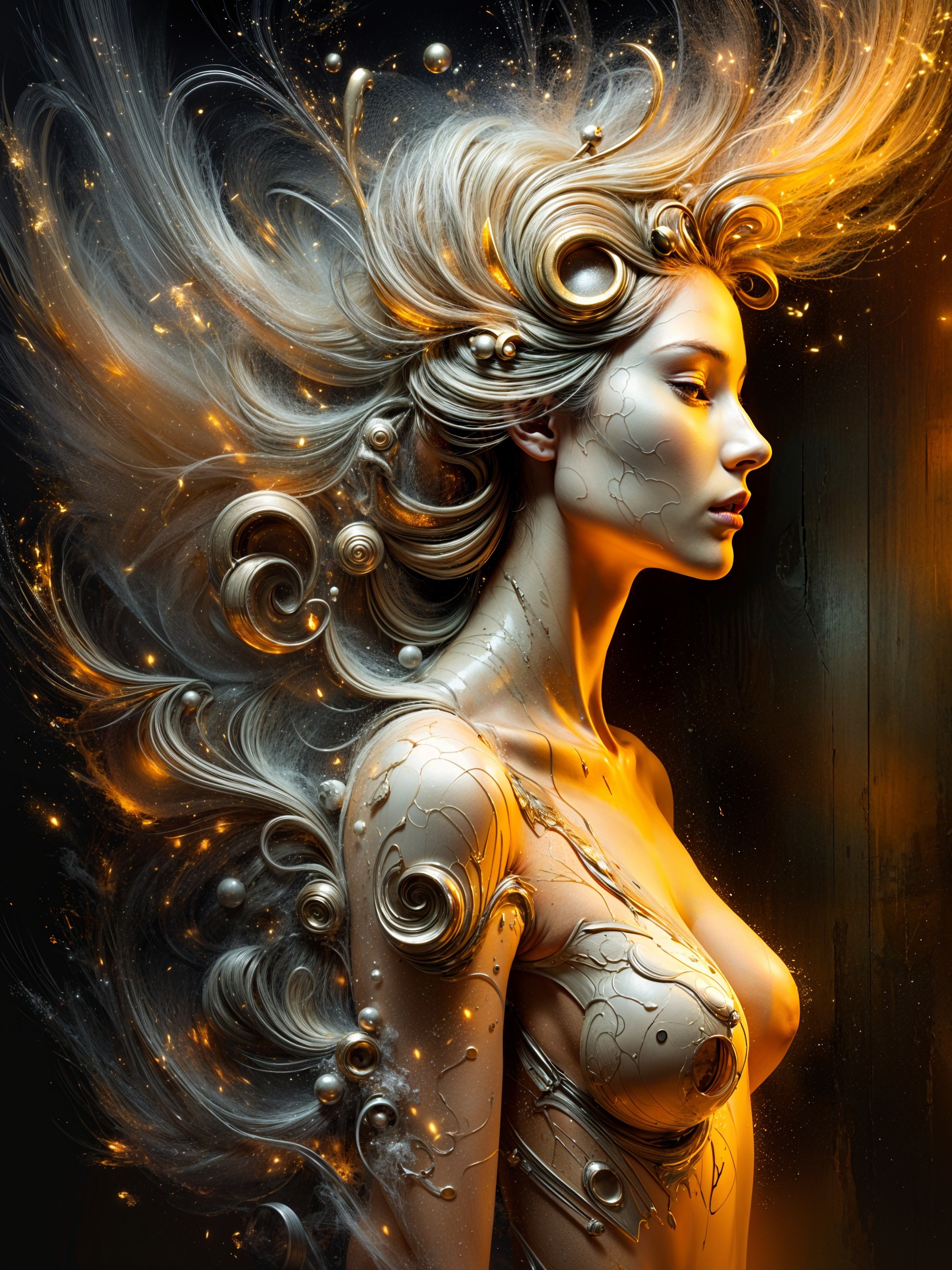 Cosmic Figure with Golden Light and Surreal Patterns