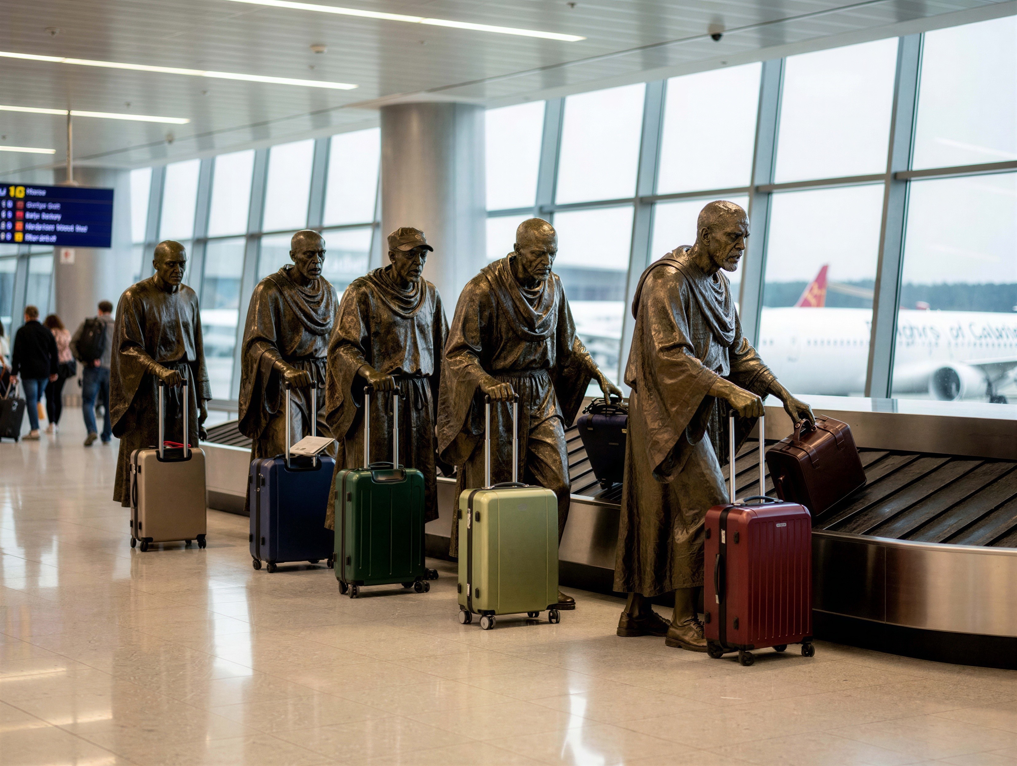 Bronze Statues of Cloaked Men at Airport Luggage Carousel