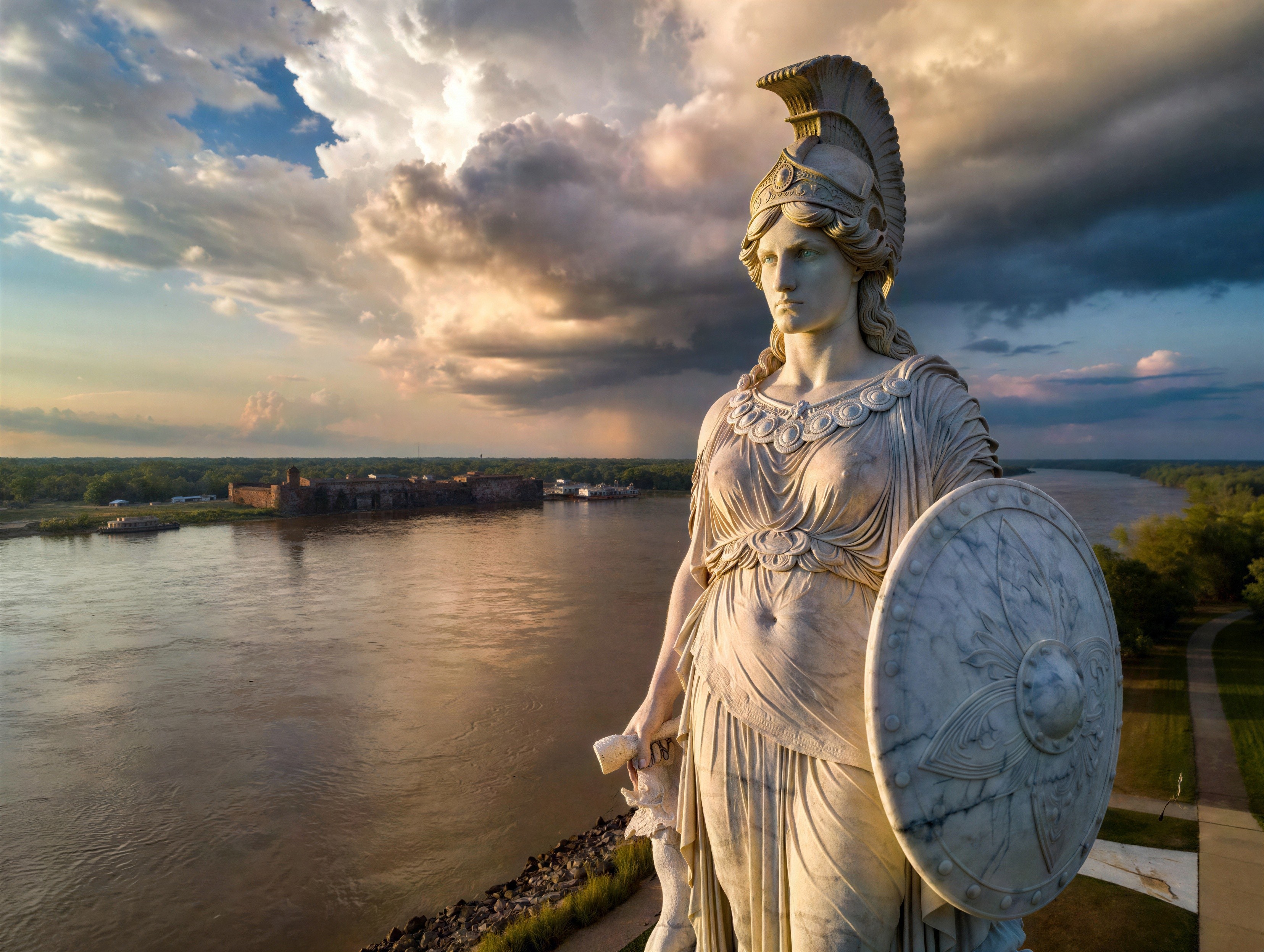 White Marble Statue of Athena by a River Scene