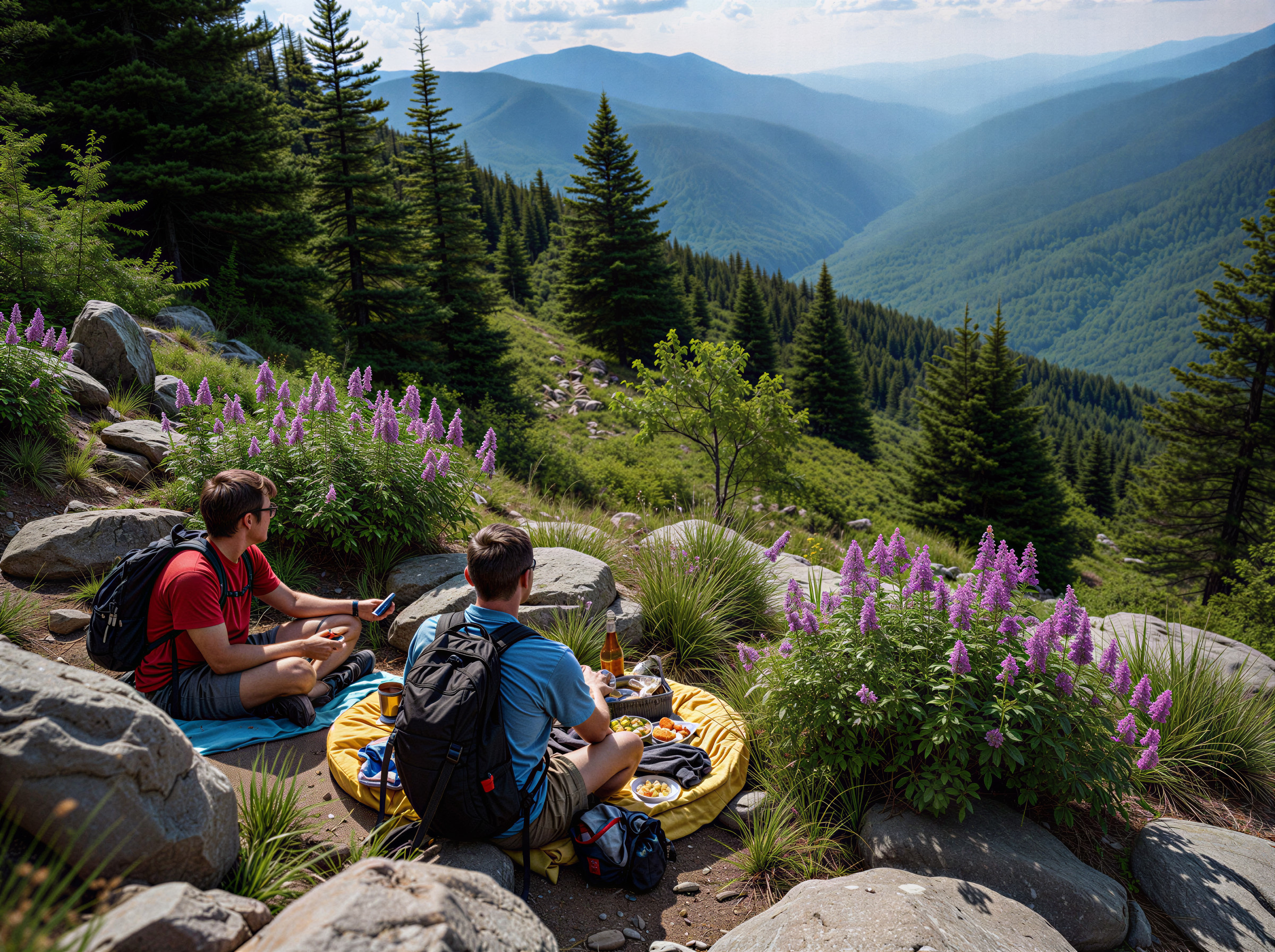 Picnic in a Serene Mountain Setting with Wildflowers