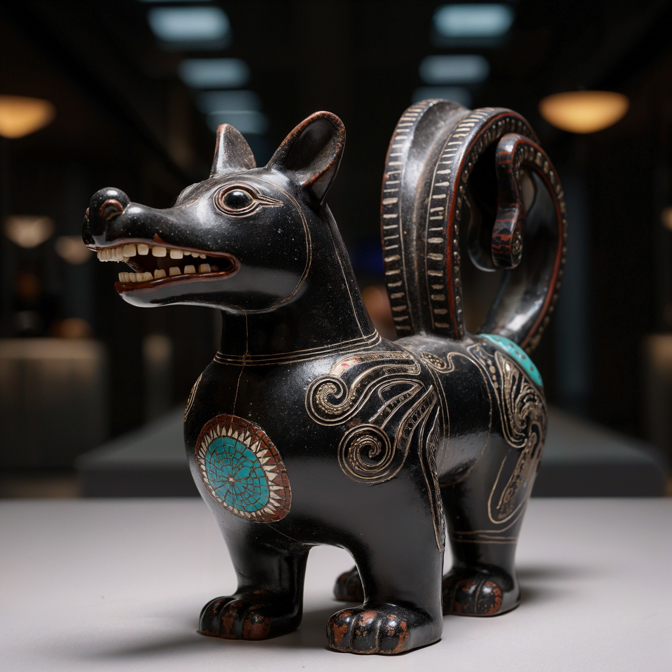 Ceramic Figurine of a Stylized Dog with Turquoise Accents