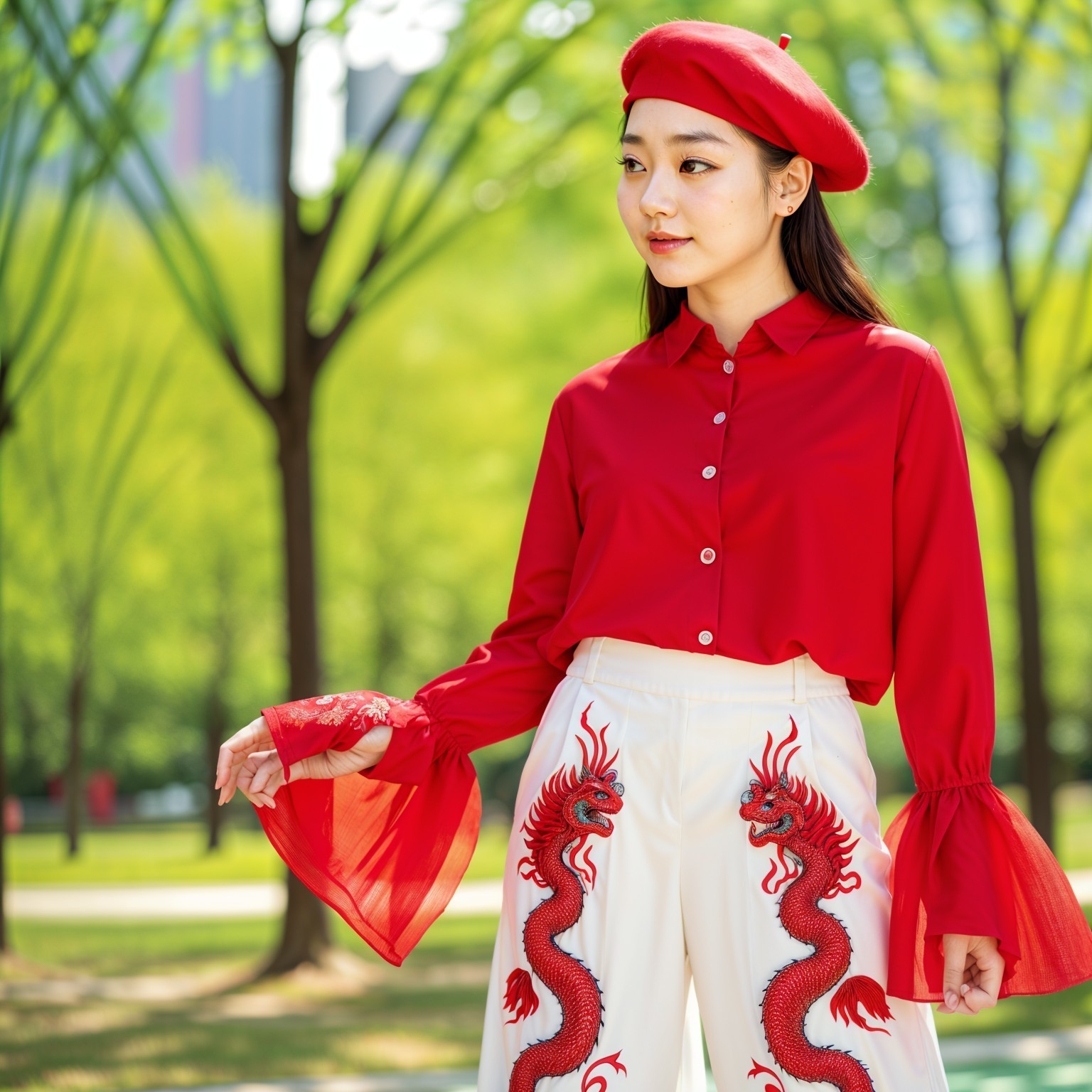 Young woman in red blouse and embroidered pants outdoors