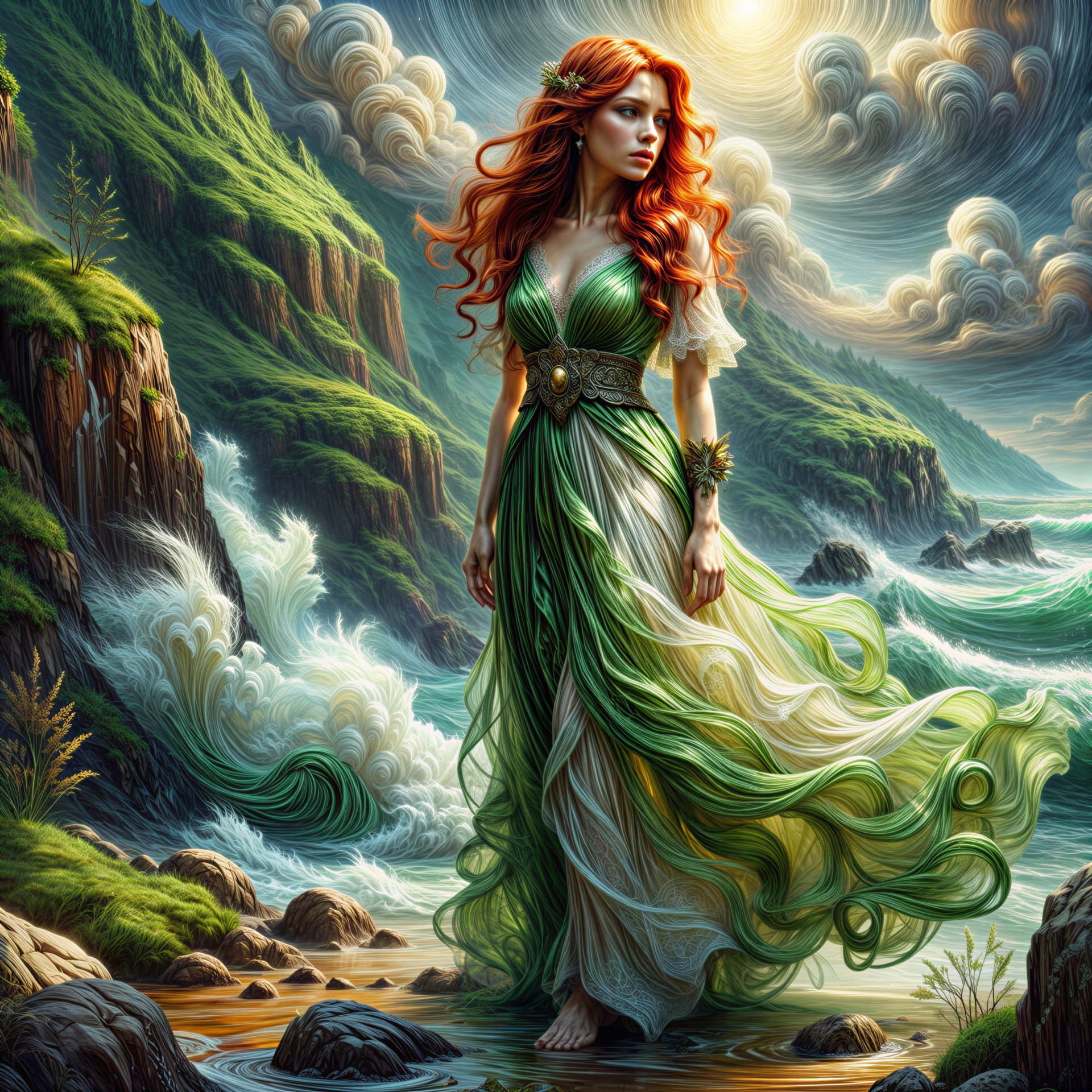 Mystical Figure at Lush Coastline with Dramatic Sky