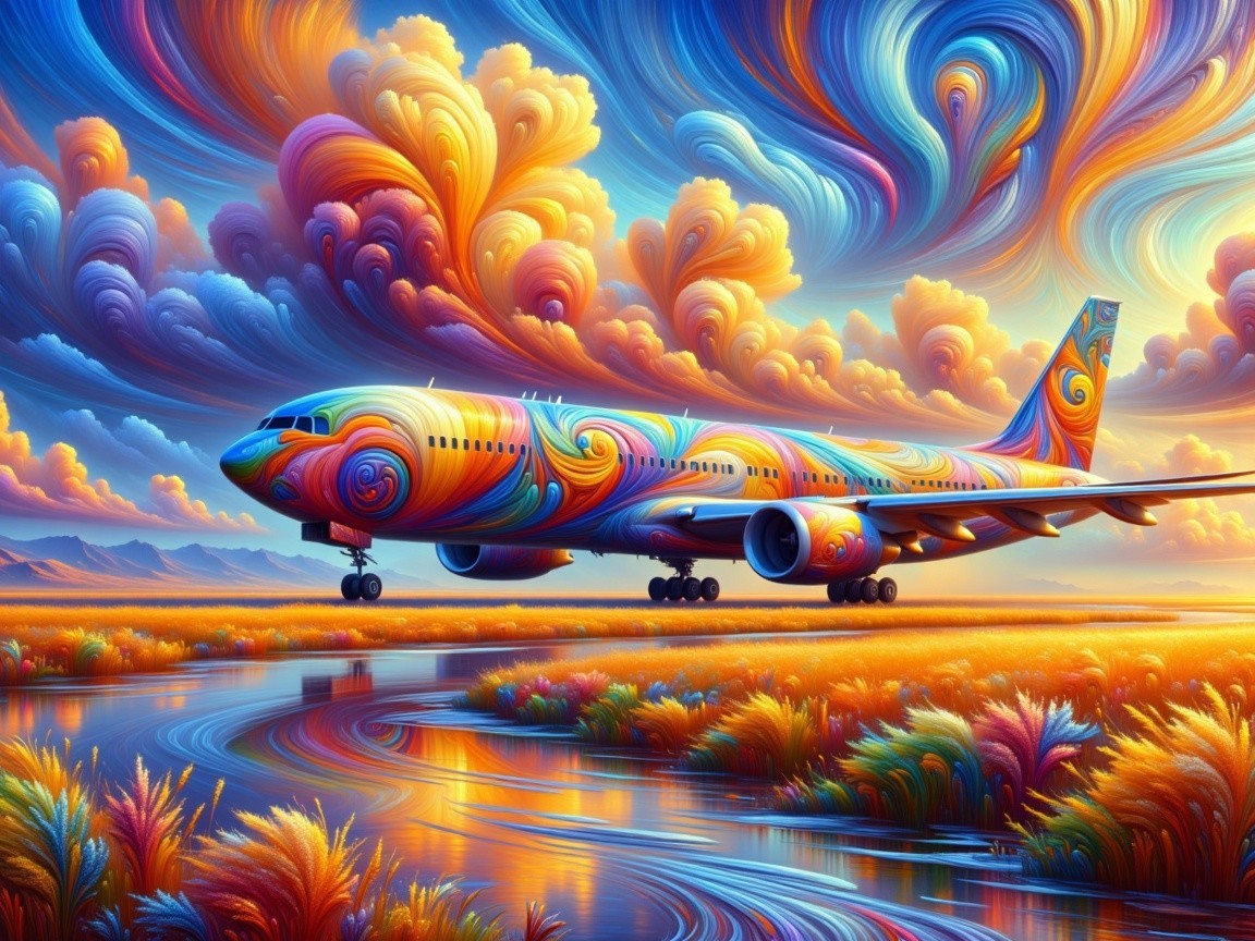 Psychedelic Digital Art of Airplane Over Reflective Water