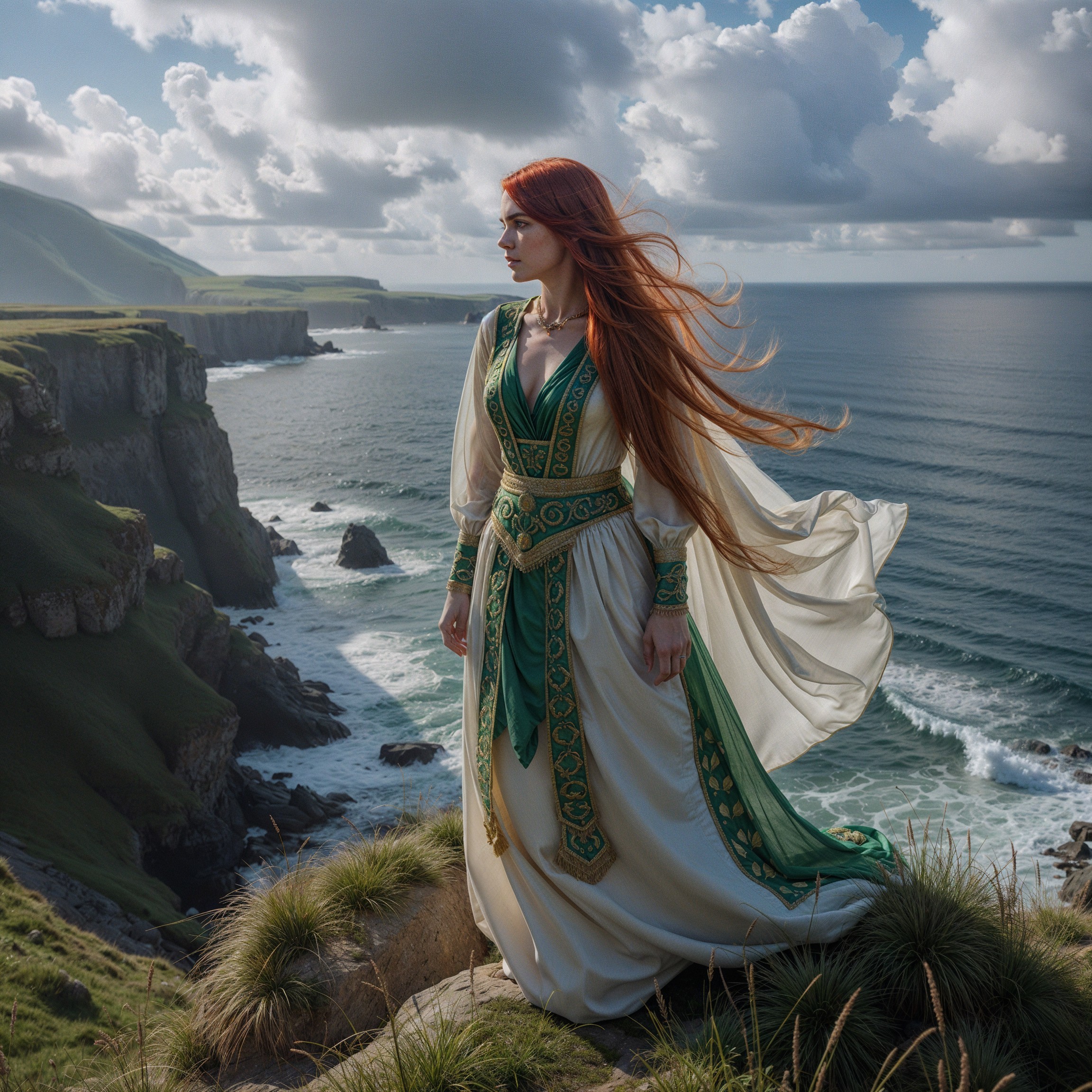 Elegant Woman in White Gown on Ocean Cliff