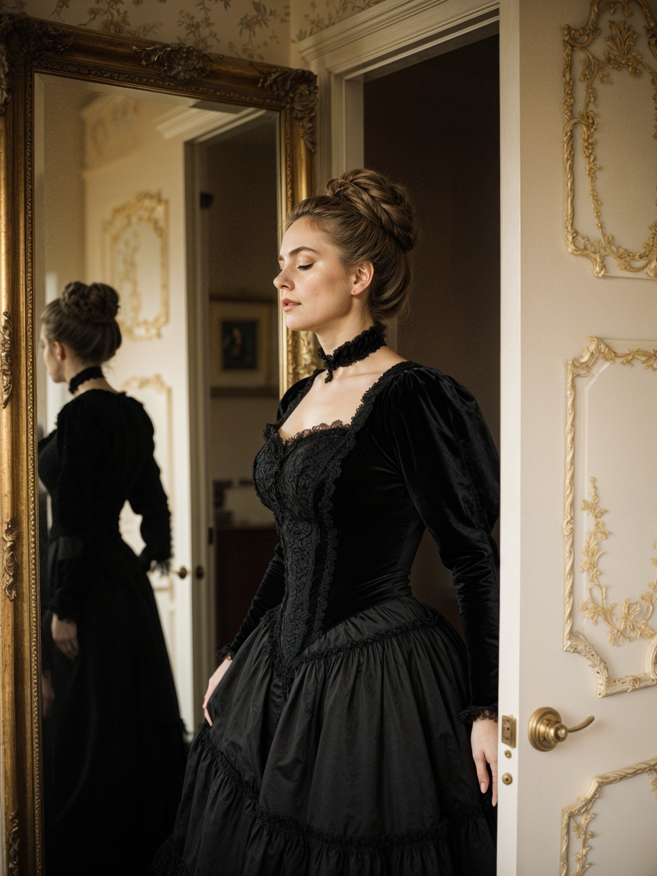 Elegant Woman in Vintage Setting with Black Gown