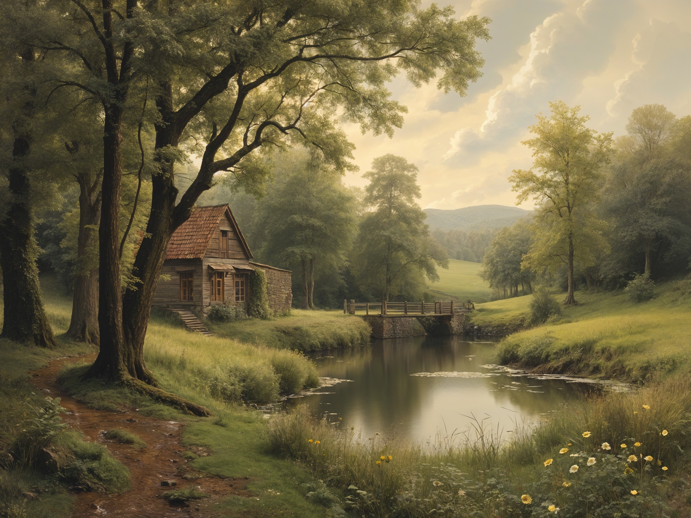 Serene Landscape with Cottage and Tranquil Pond