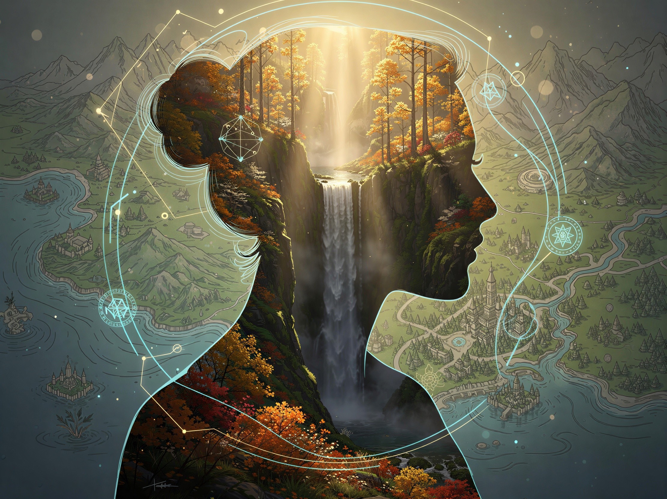 Digital Painting of Woman Silhouette with Autumn Landscape