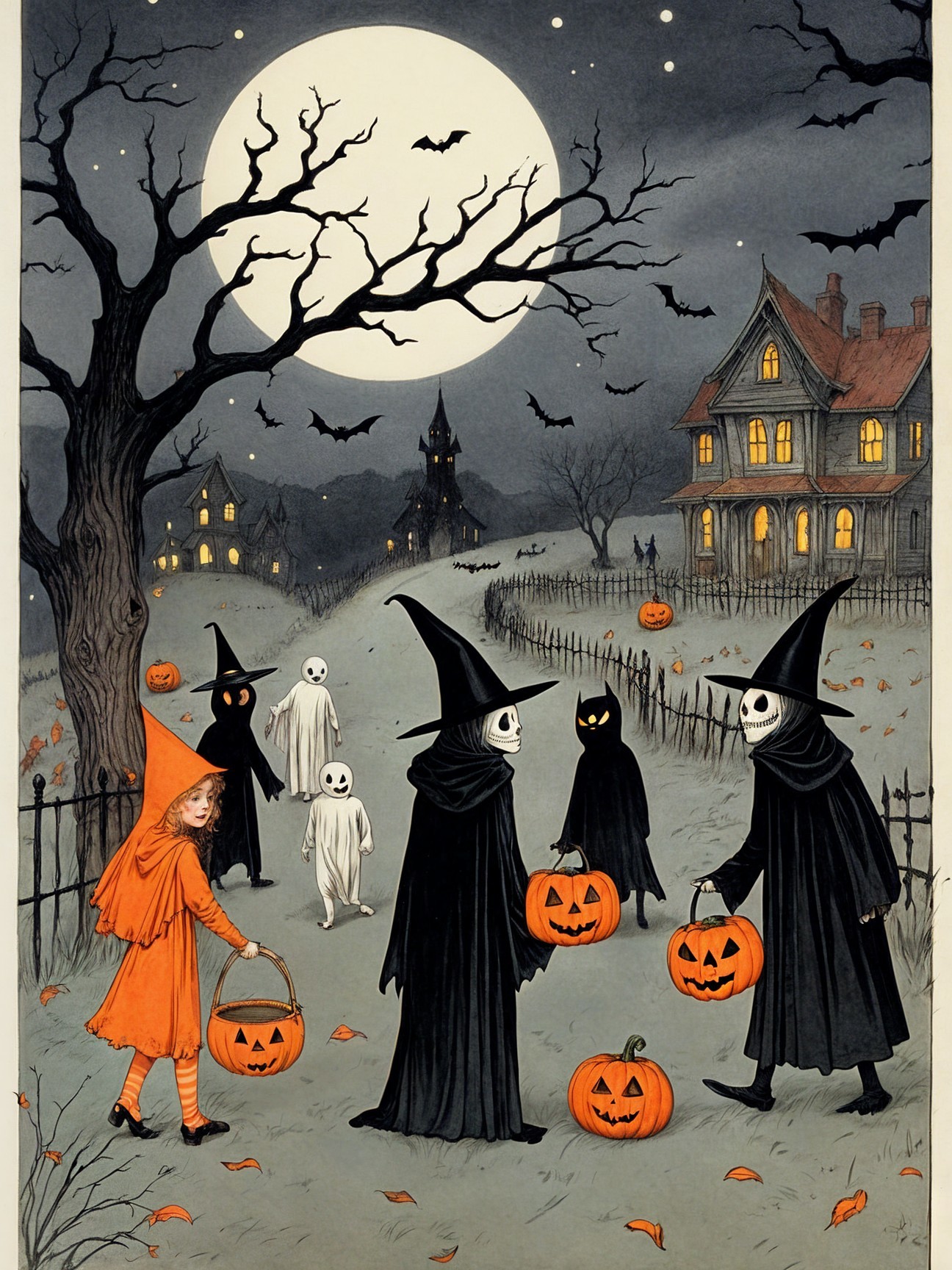 Moonlit Halloween Scene with Cloaked Figures and Bats
