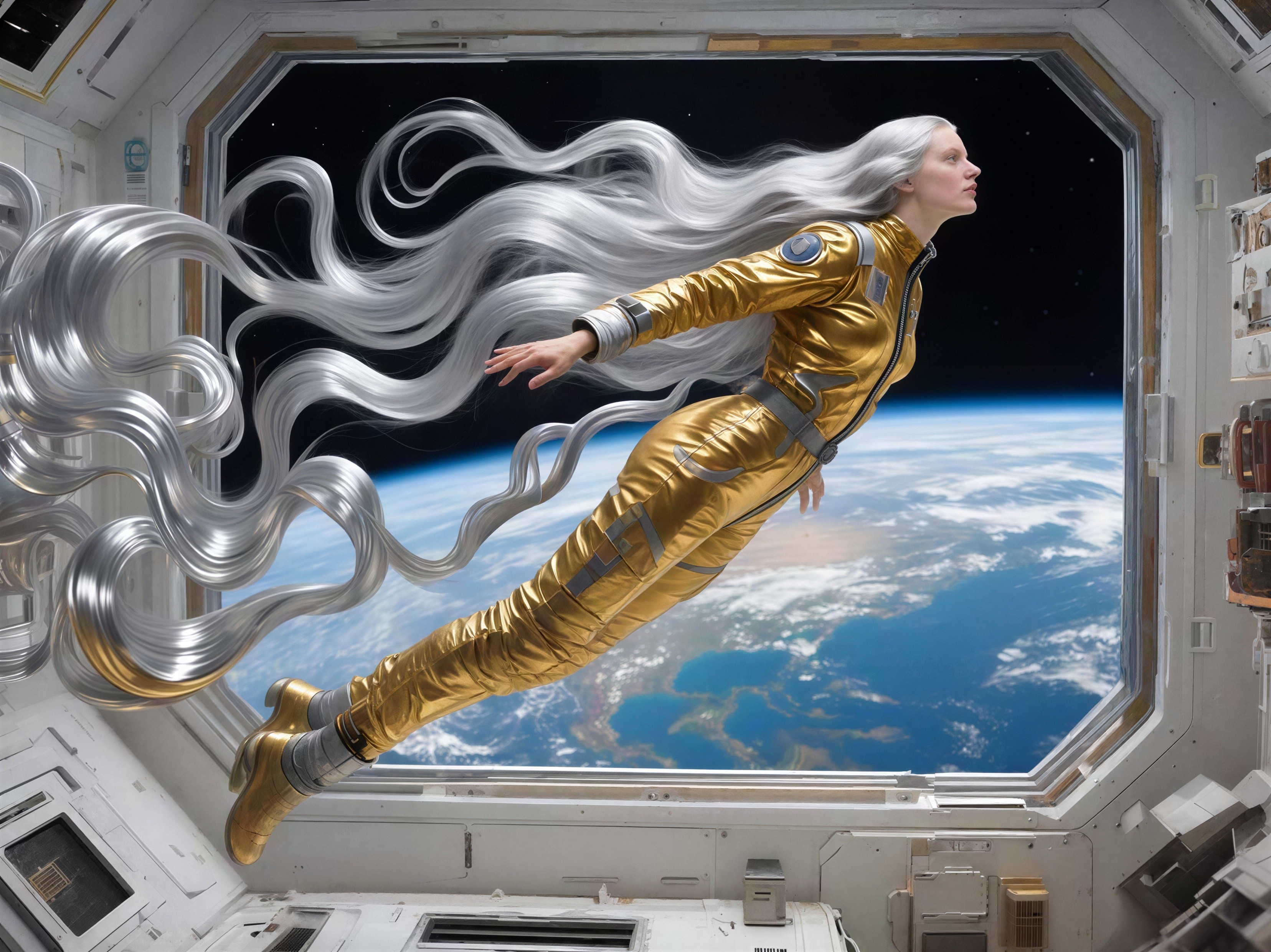 Floating Astronaut in Zero-Gravity with Silver Hair