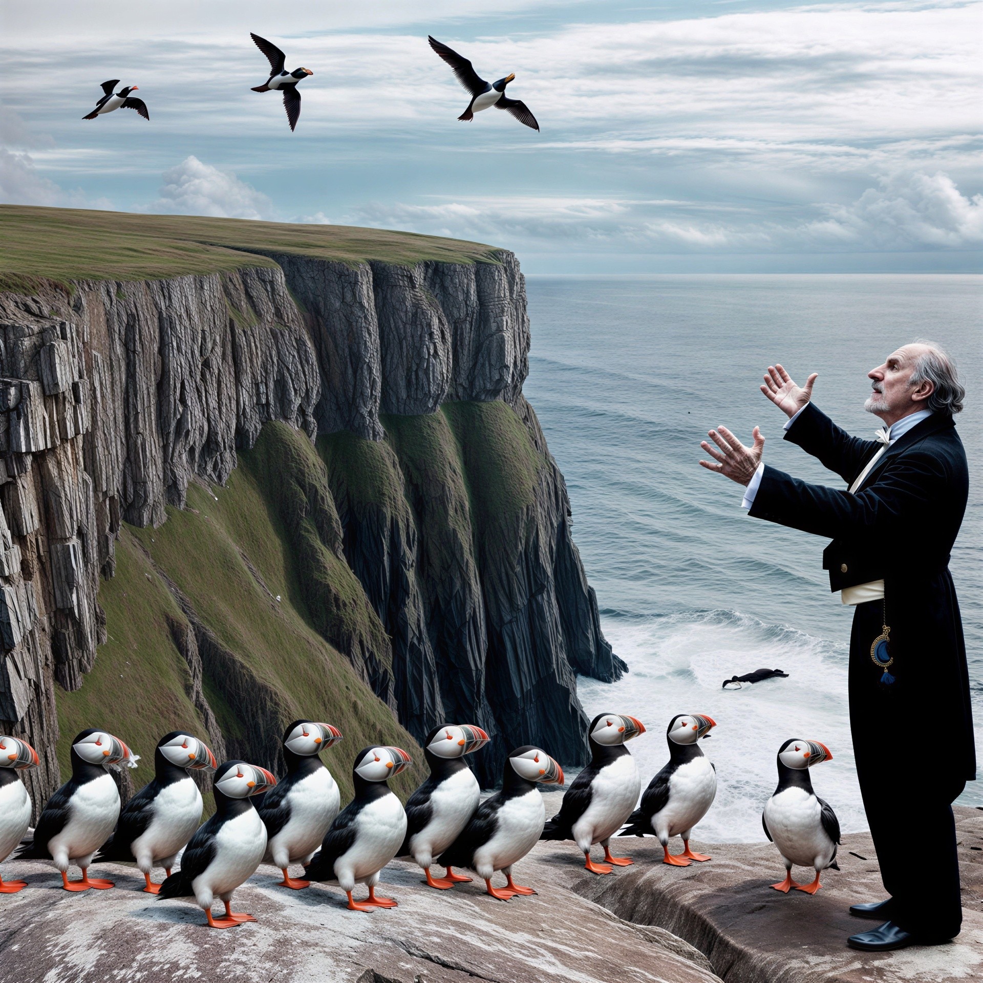 Coastal Scene with Puffins and Clifftop Gesture