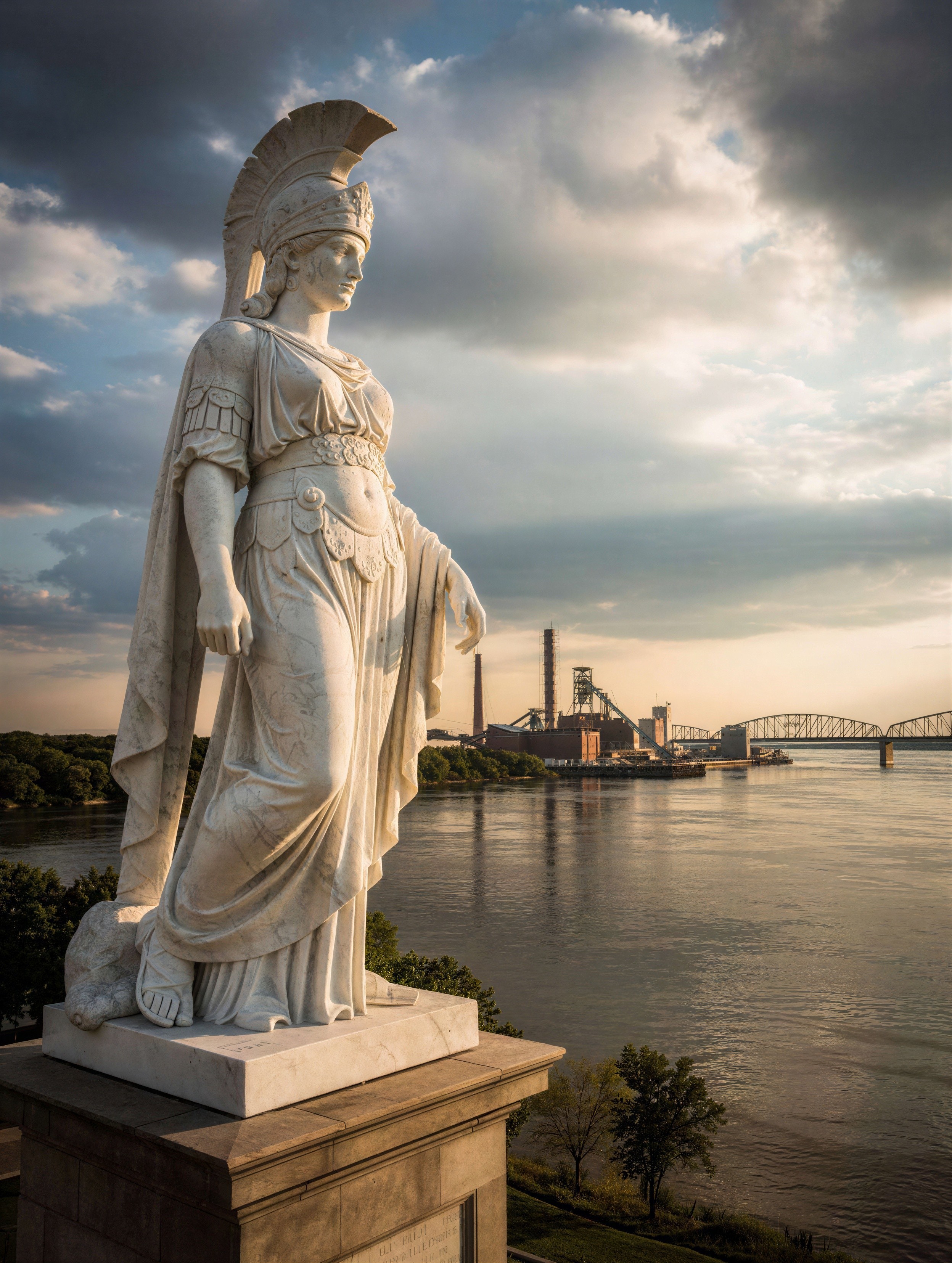 Marble Statue of Athena Overlooking Industrial River Scene