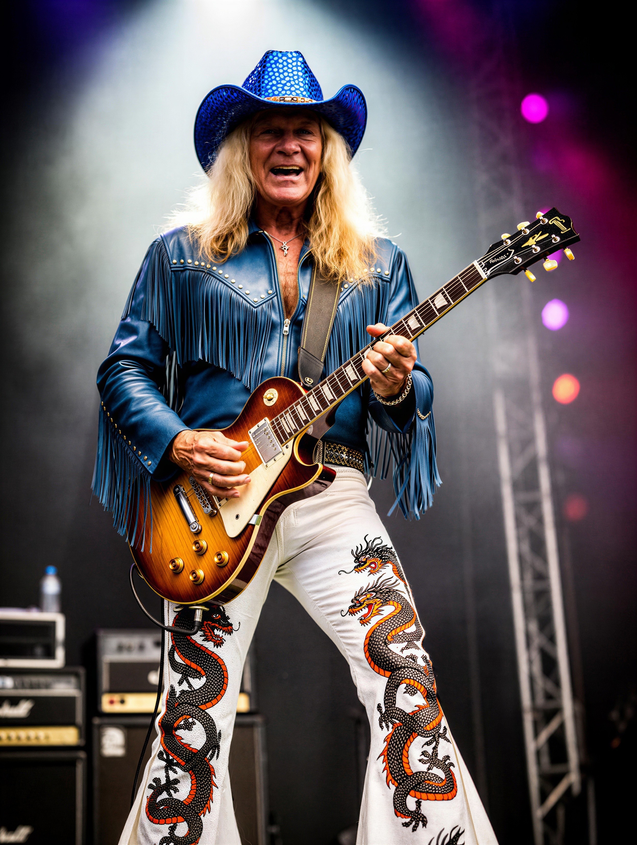 Older man in blue cowboy hat and fringed jacket on stage