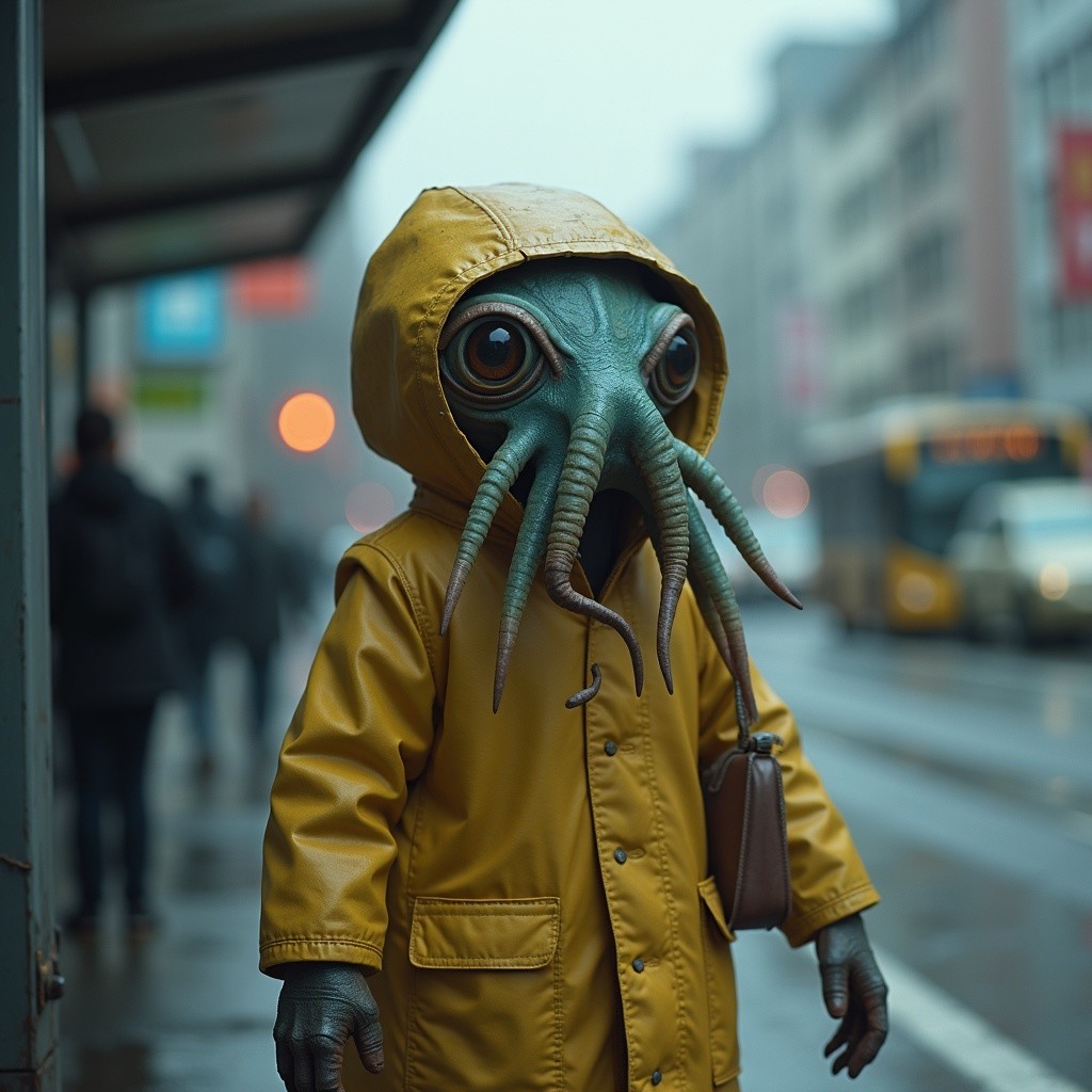 Whimsical Character with Tentacled Head in Rainy City
