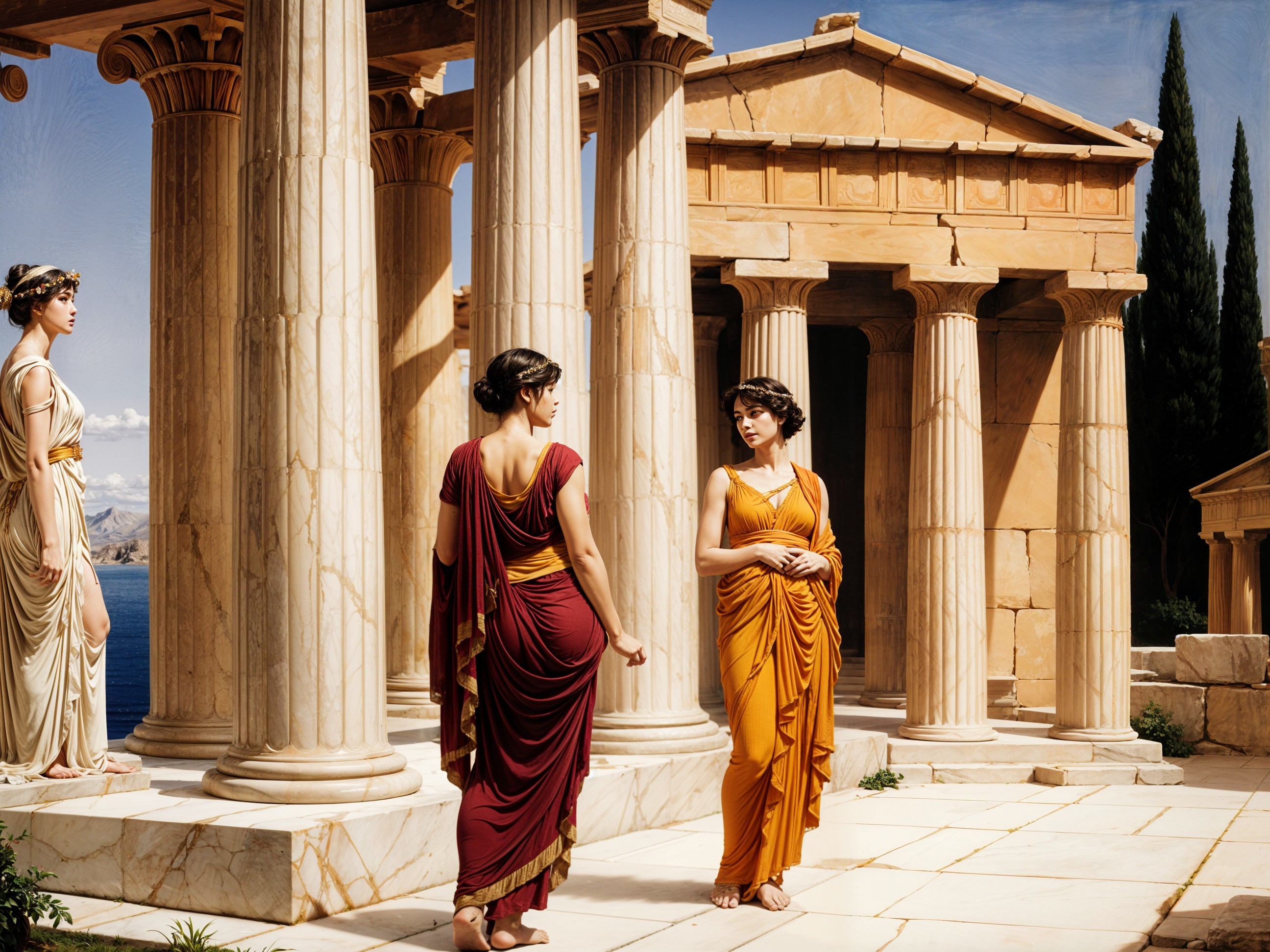 Three Women in Draped Garments Amidst Greek Columns