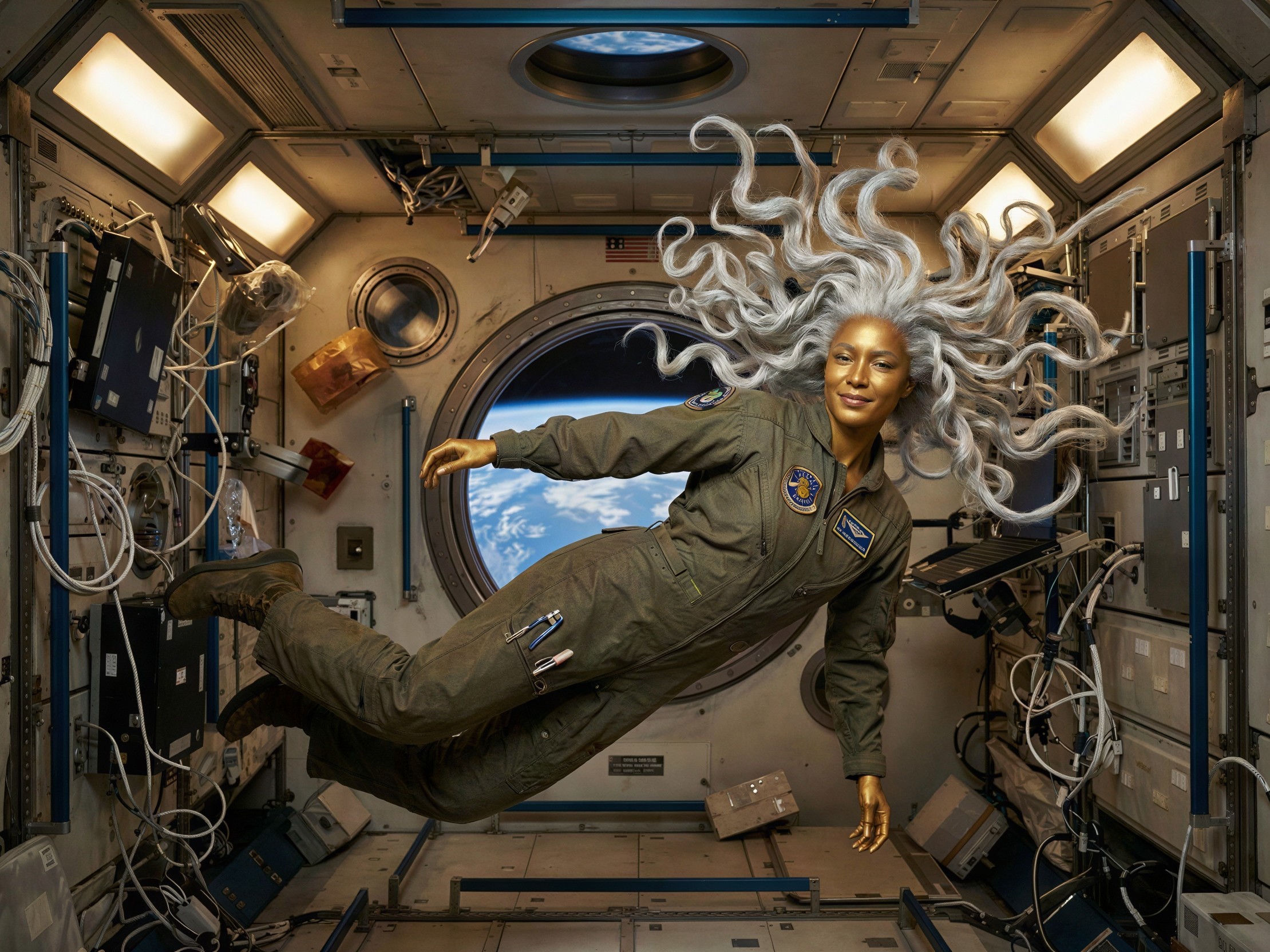 Astronaut in Brown Uniform Floating Inside Spaceship