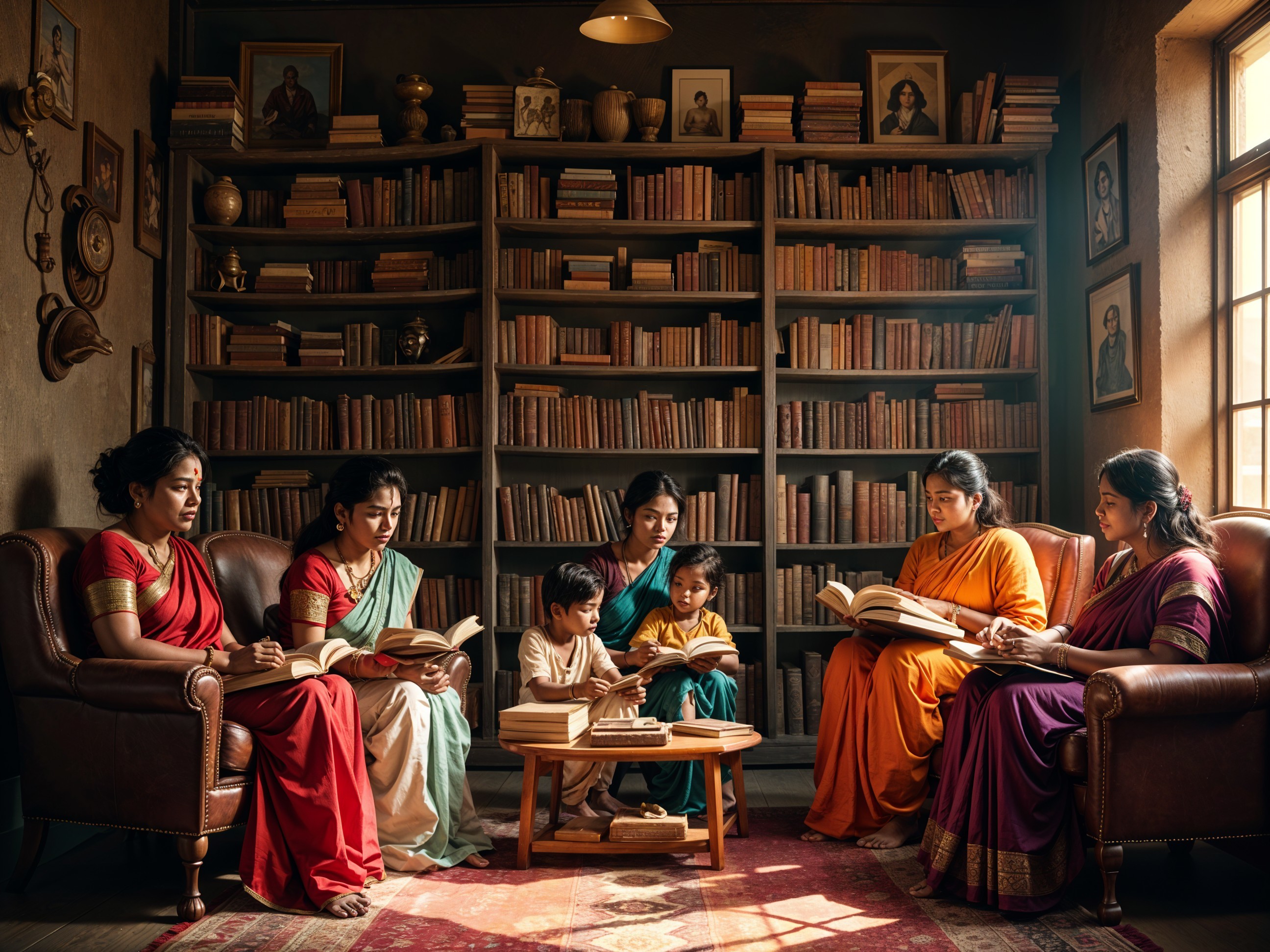 Women in Sarees Reading Together in Cozy Room