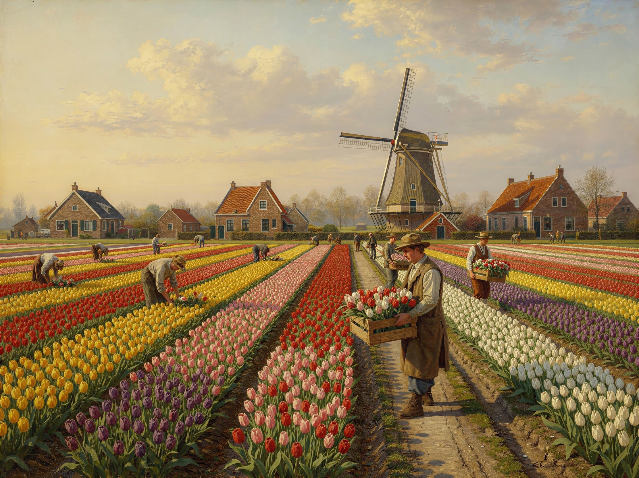 Workers Harvesting Tulips in a Vibrant Dutch Landscape