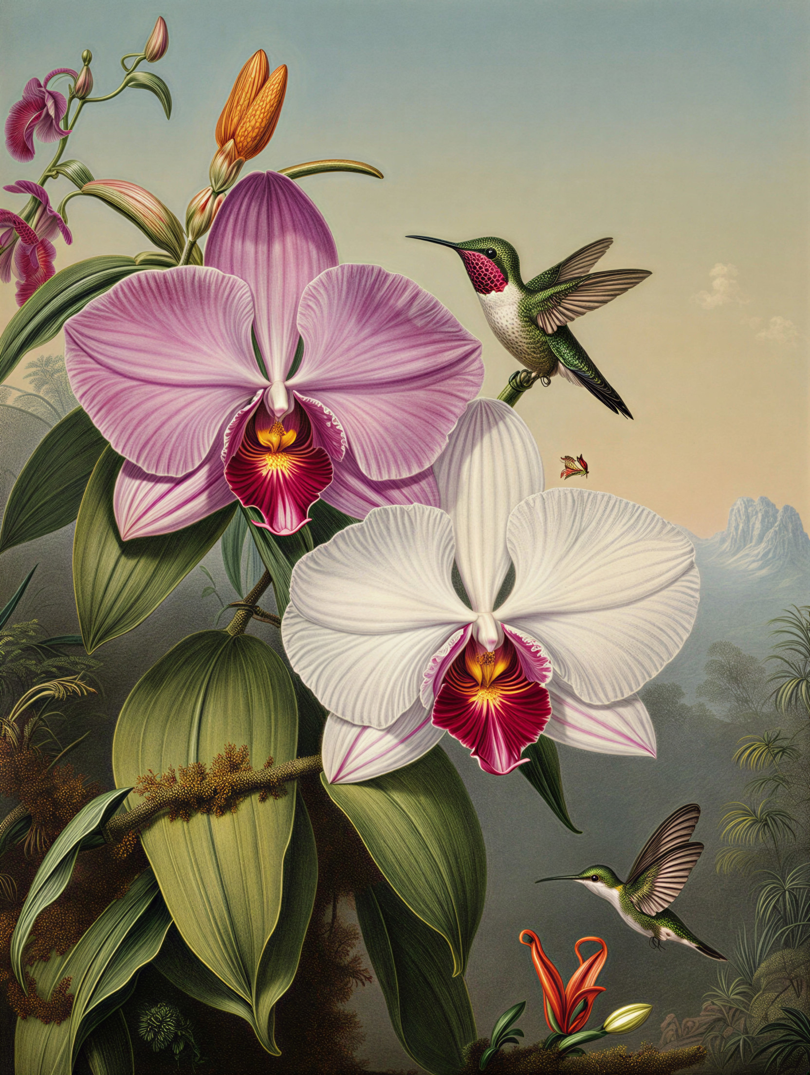 Vibrant Orchids with Hummingbird in Serene Landscape