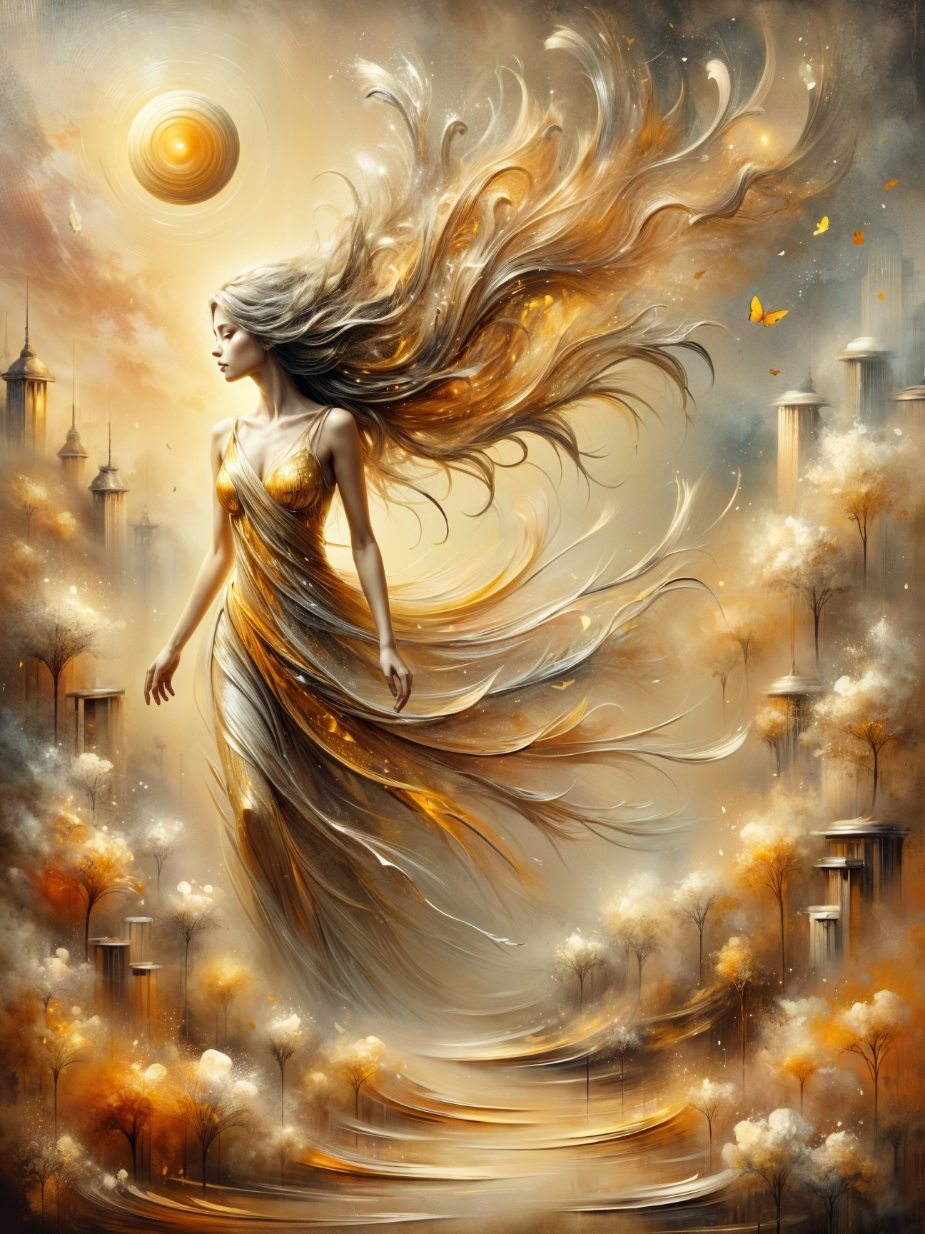 Graceful figure in gold gown in dreamlike landscape
