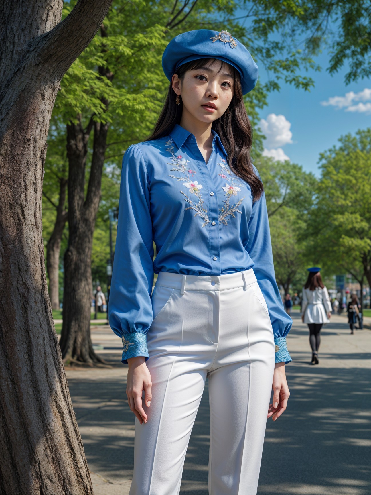 Fashionable Woman in Blue Blouse and White Trousers